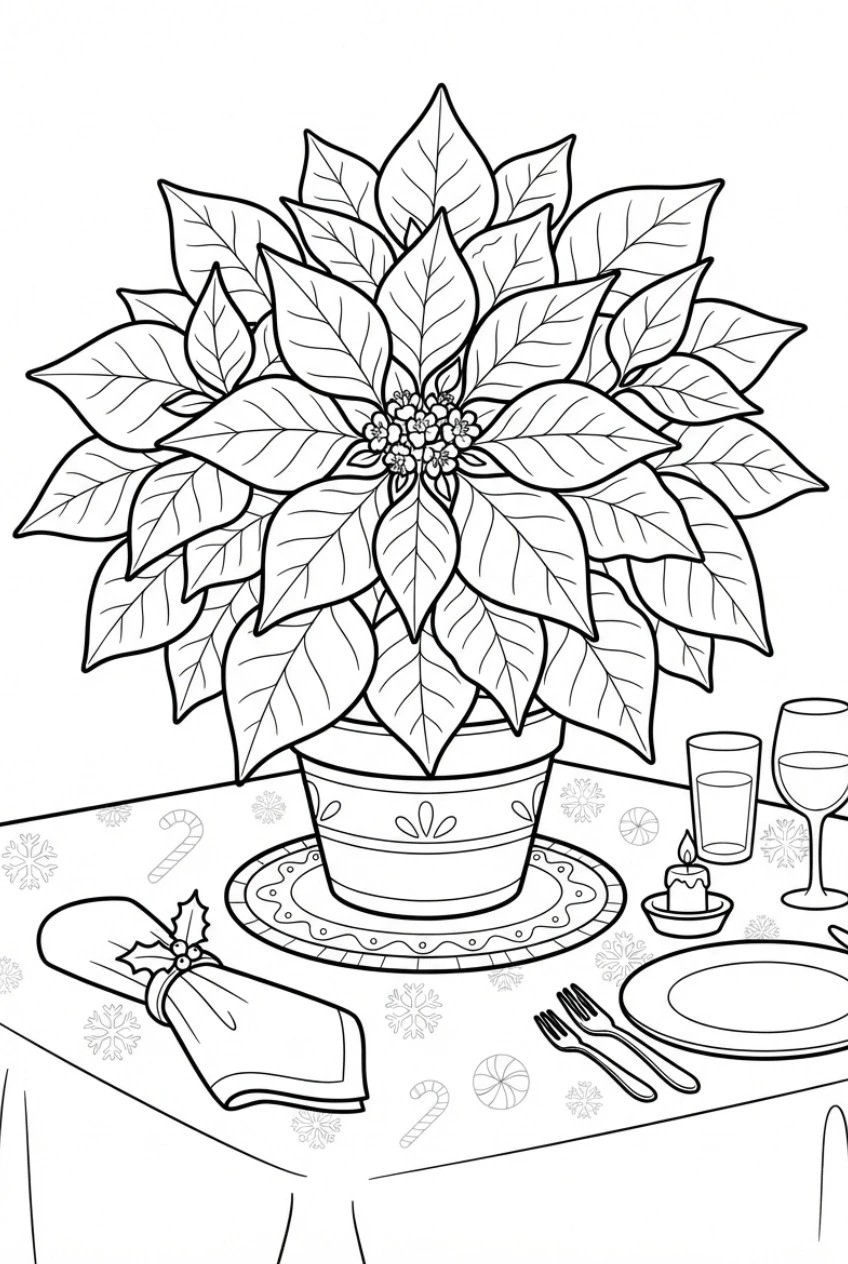 Ausmalbild Weihnachtsstern-Blume Poinsettia auf einem festlich gedeckten Tisch