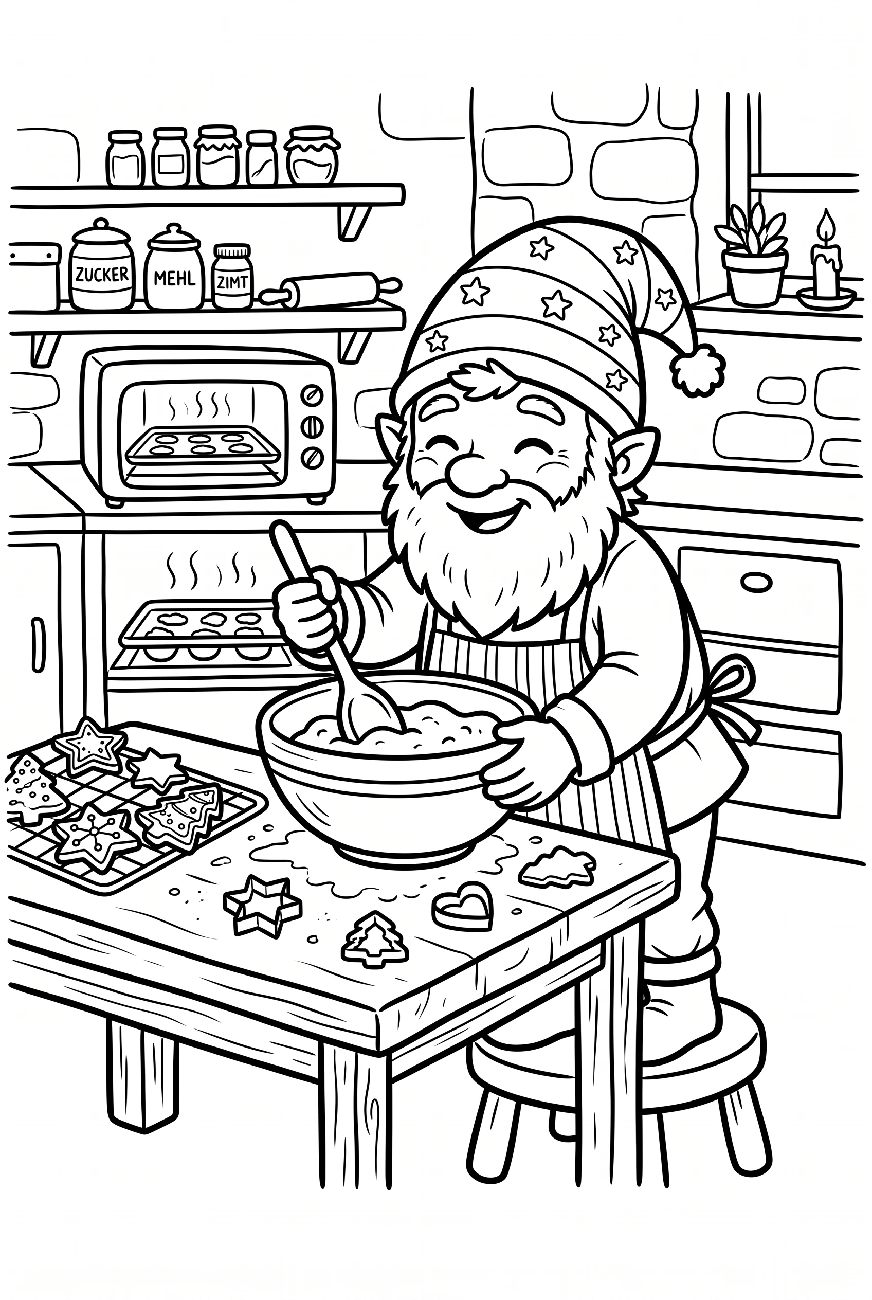 Wichtel backt Weihnachtskekse Ausmalbild