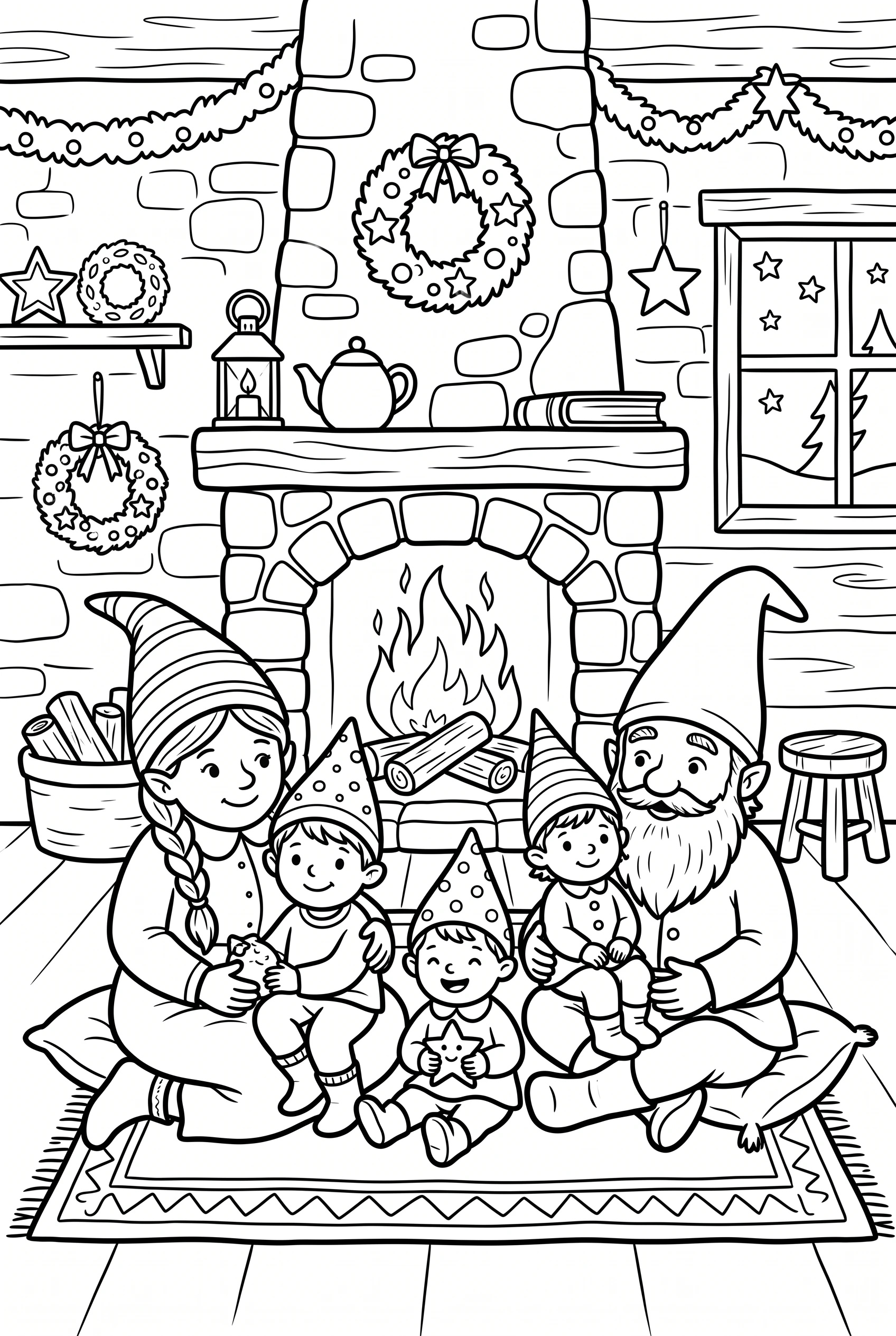 Elf family gathered cozily by the fireplace coloring page