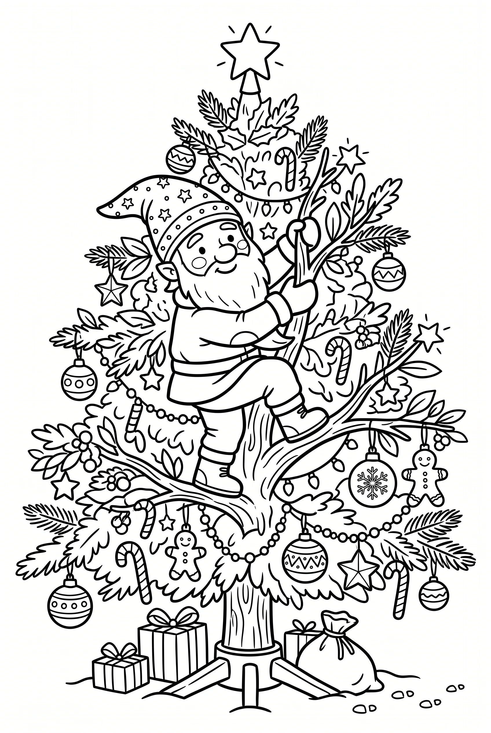 Wichtel klettert den Weihnachtsbaum hoch Ausmalbild