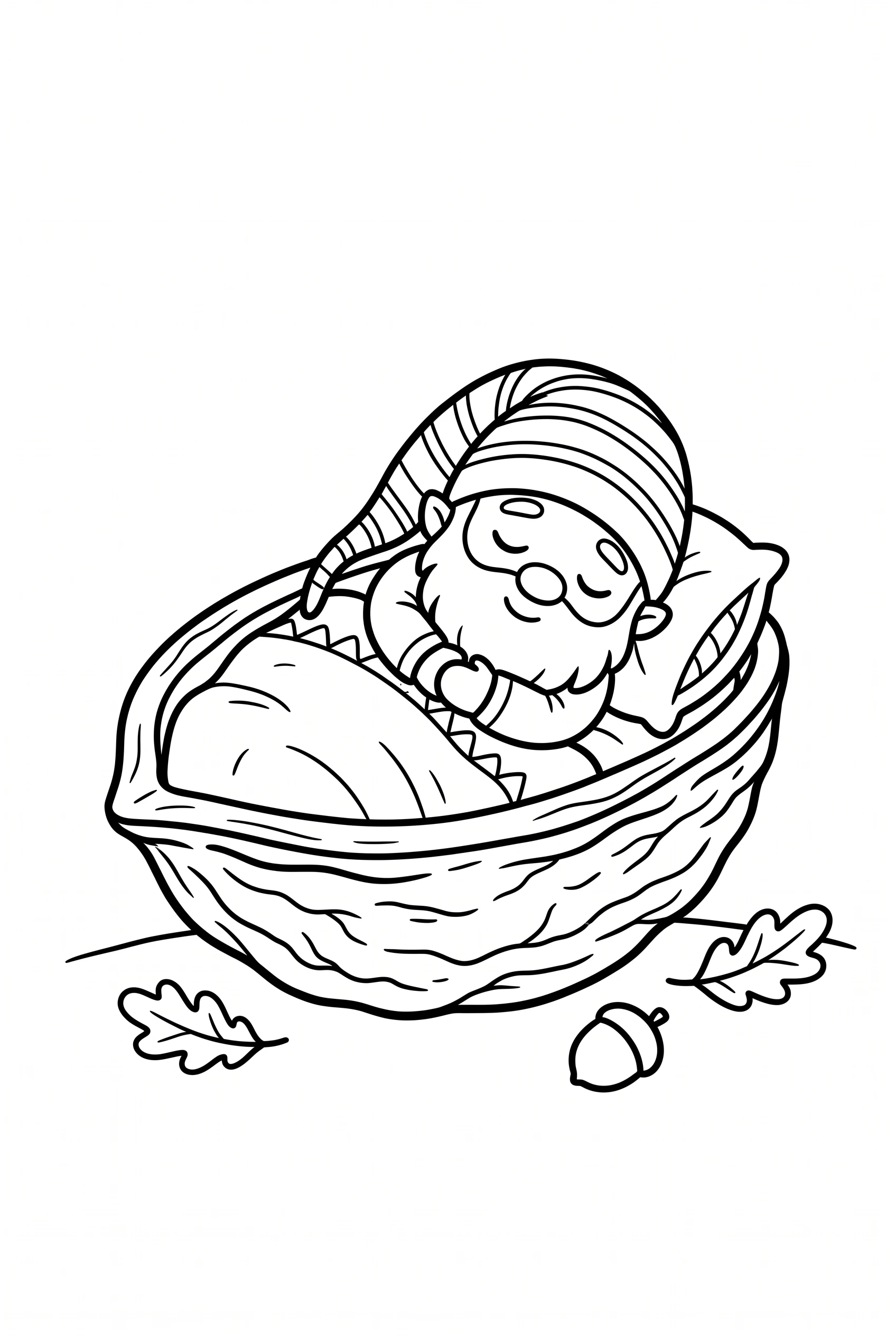 Tiny elf sleeping cozily in a nutshell coloring page