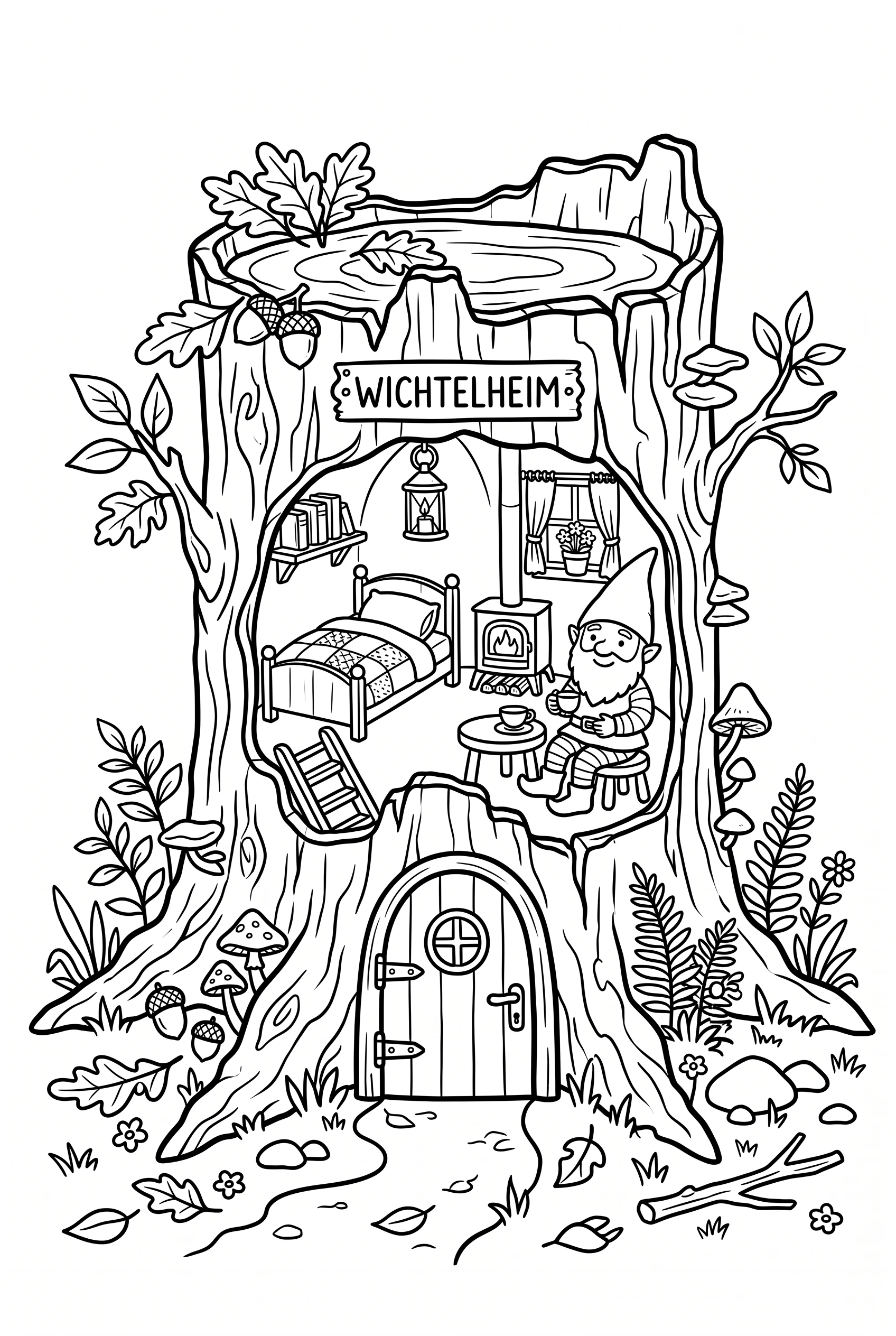 Gemütliches Wichtel-Versteck im hohlen Baumstumpf Ausmalbild