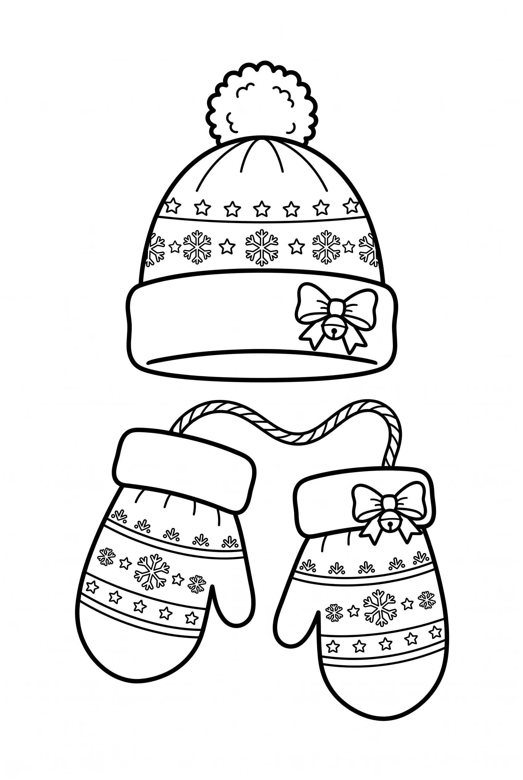 Winterhandschuhe und Mütze Ausmalbild mit weihnachtlicher Schleife