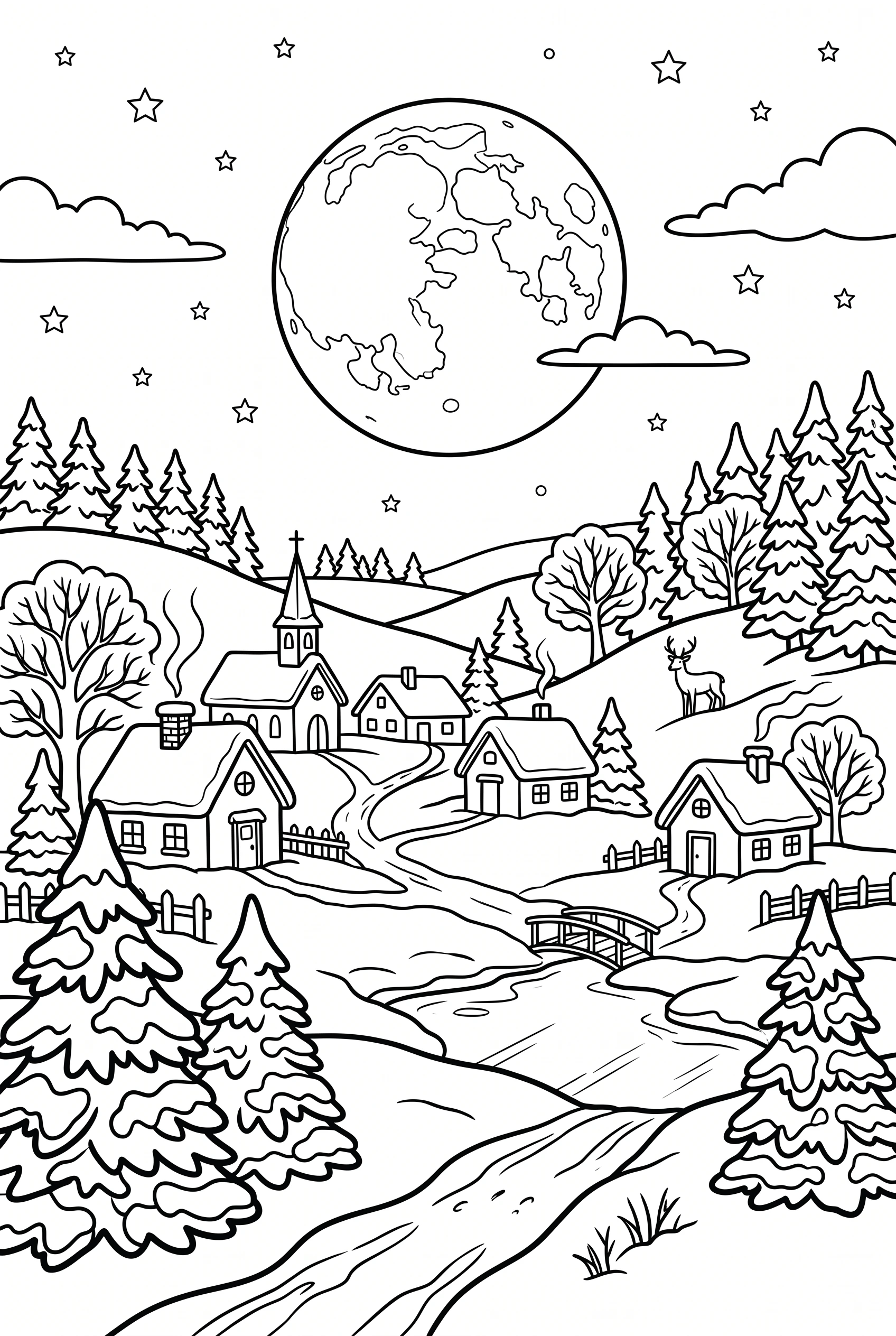 Ausmalbild stille Winterlandschaft unter einem großen Vollmond