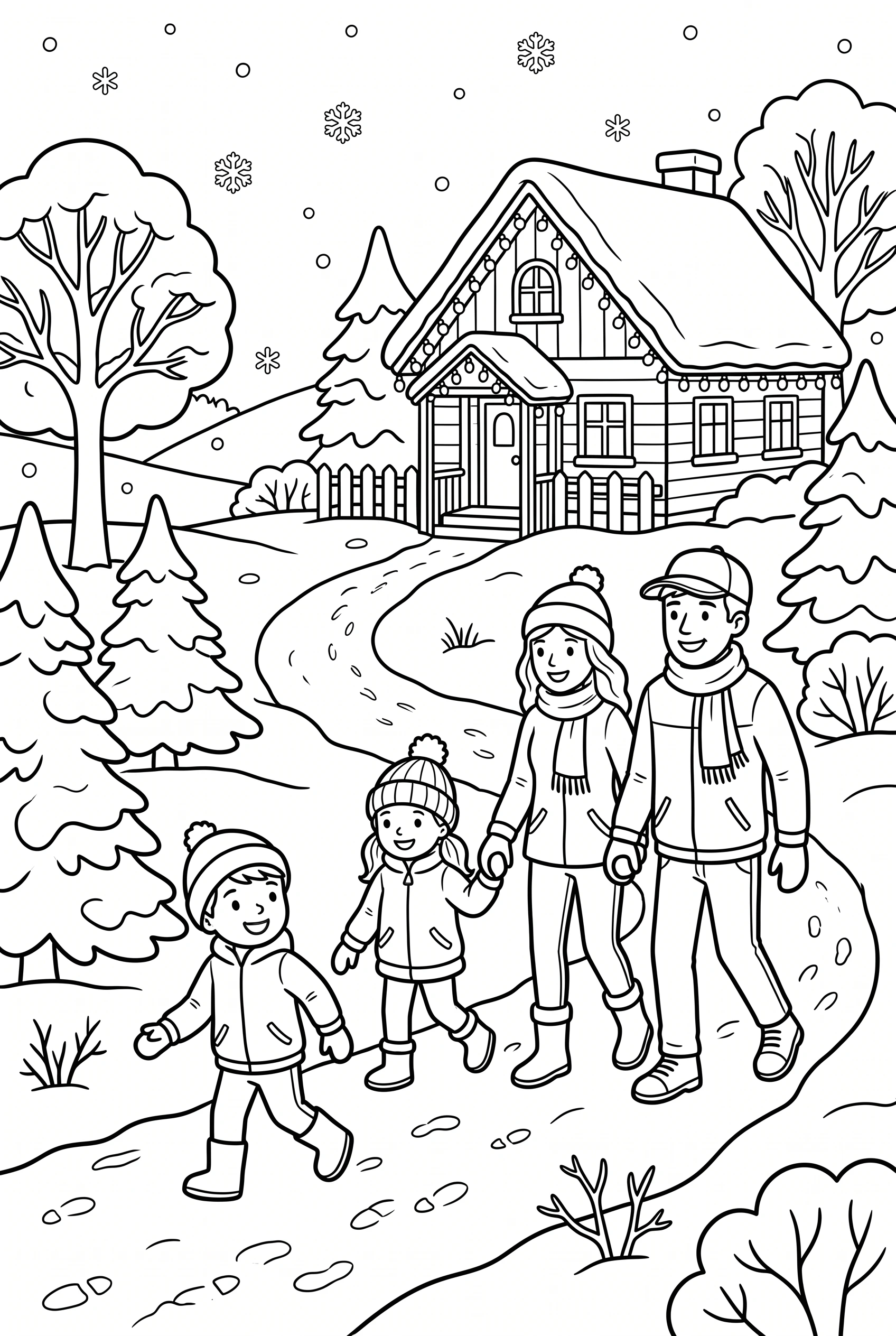 Familie beim Winterspaziergang durch den Schnee Ausmalbild