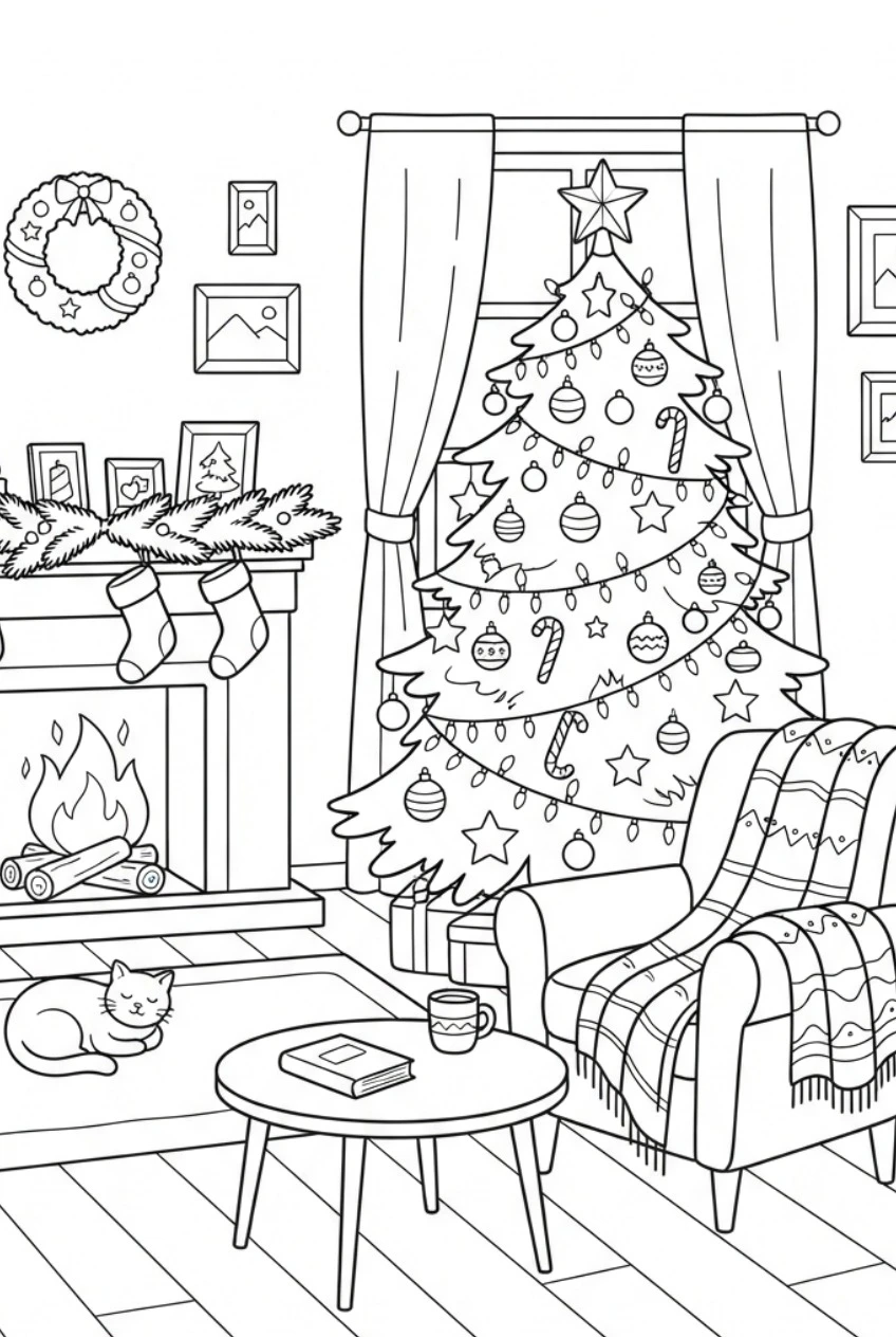 Coloring page of a cozy living room with a decorated Christmas tree and fireplace