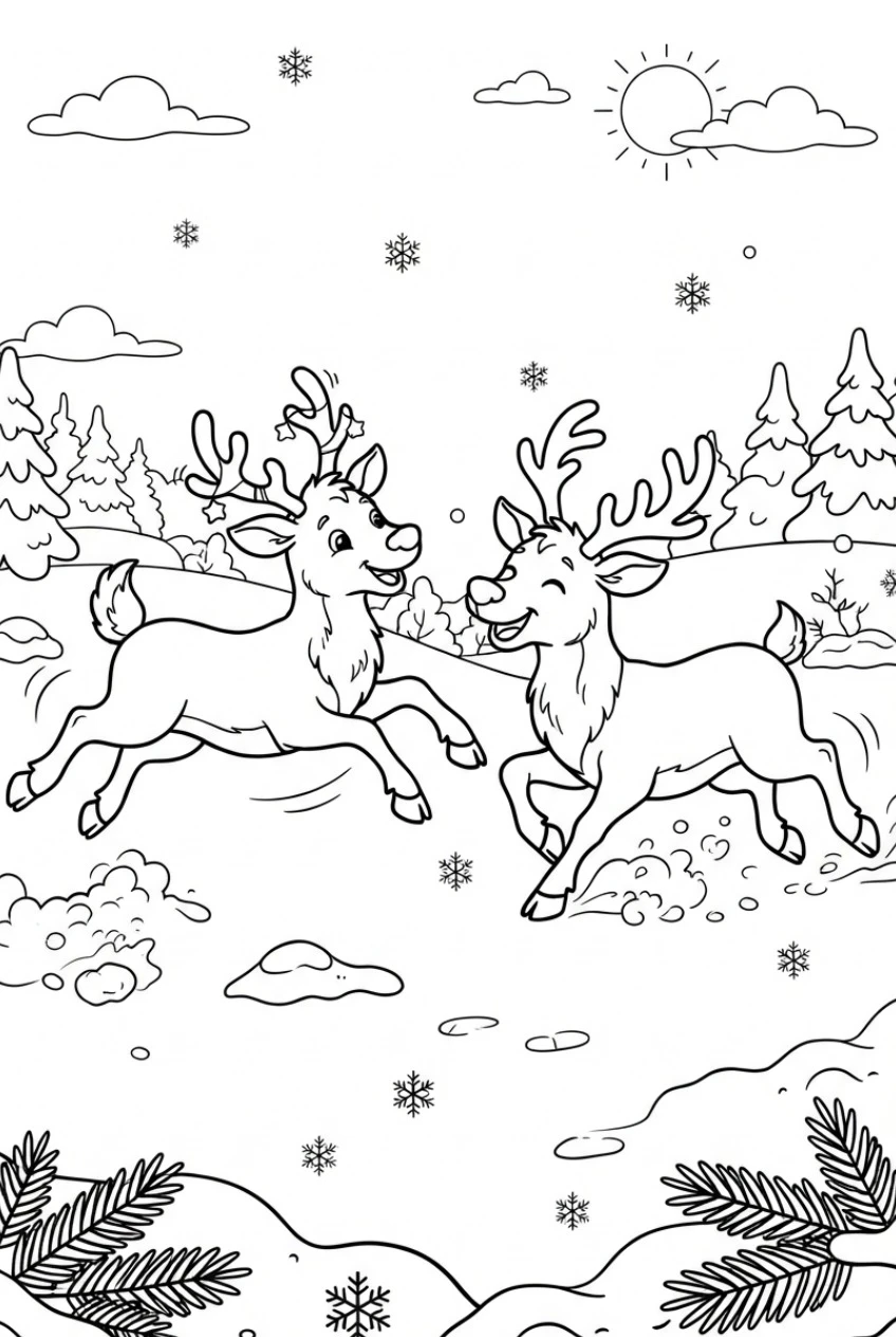 Two reindeer playing in the snow coloring page free print