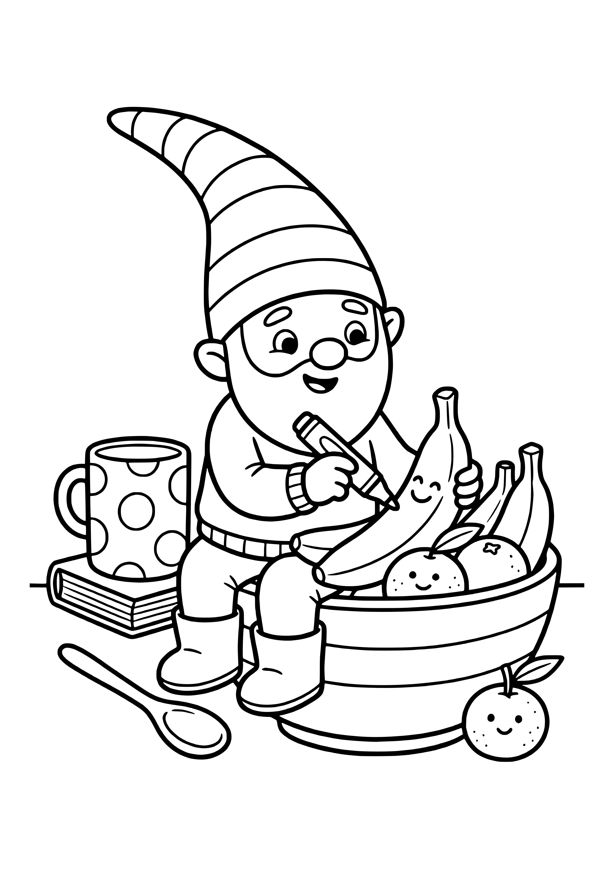 Elf prank idea bananas with faces: the little elf sits on a fruit bowl and draws funny faces on bananas and tangerines with a thick marker – coloring page