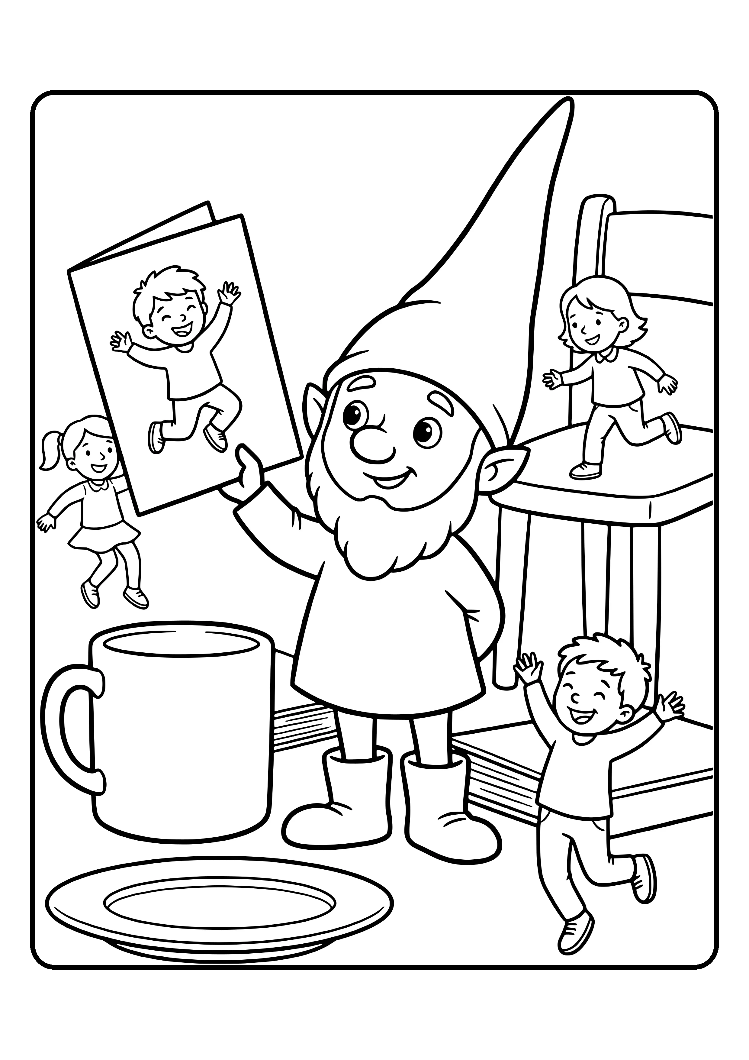 A little elf holds up a big card of a jumping child while the kids follow along – coloring page for the Movement Break elf idea.