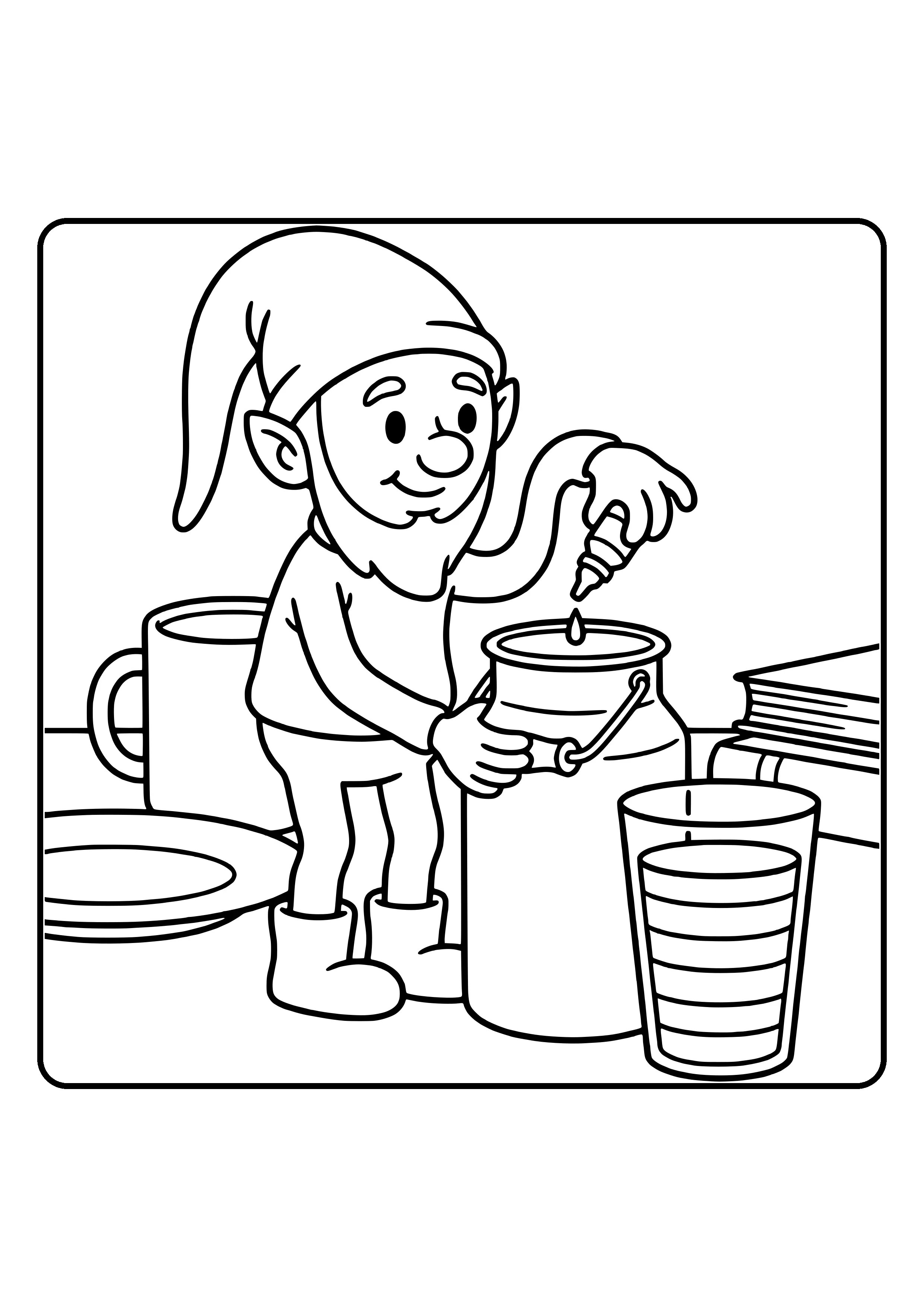 Elf prank idea blue milk: the little elf pours food coloring into a milk jug, next to a striped glass of blue milk – coloring page
