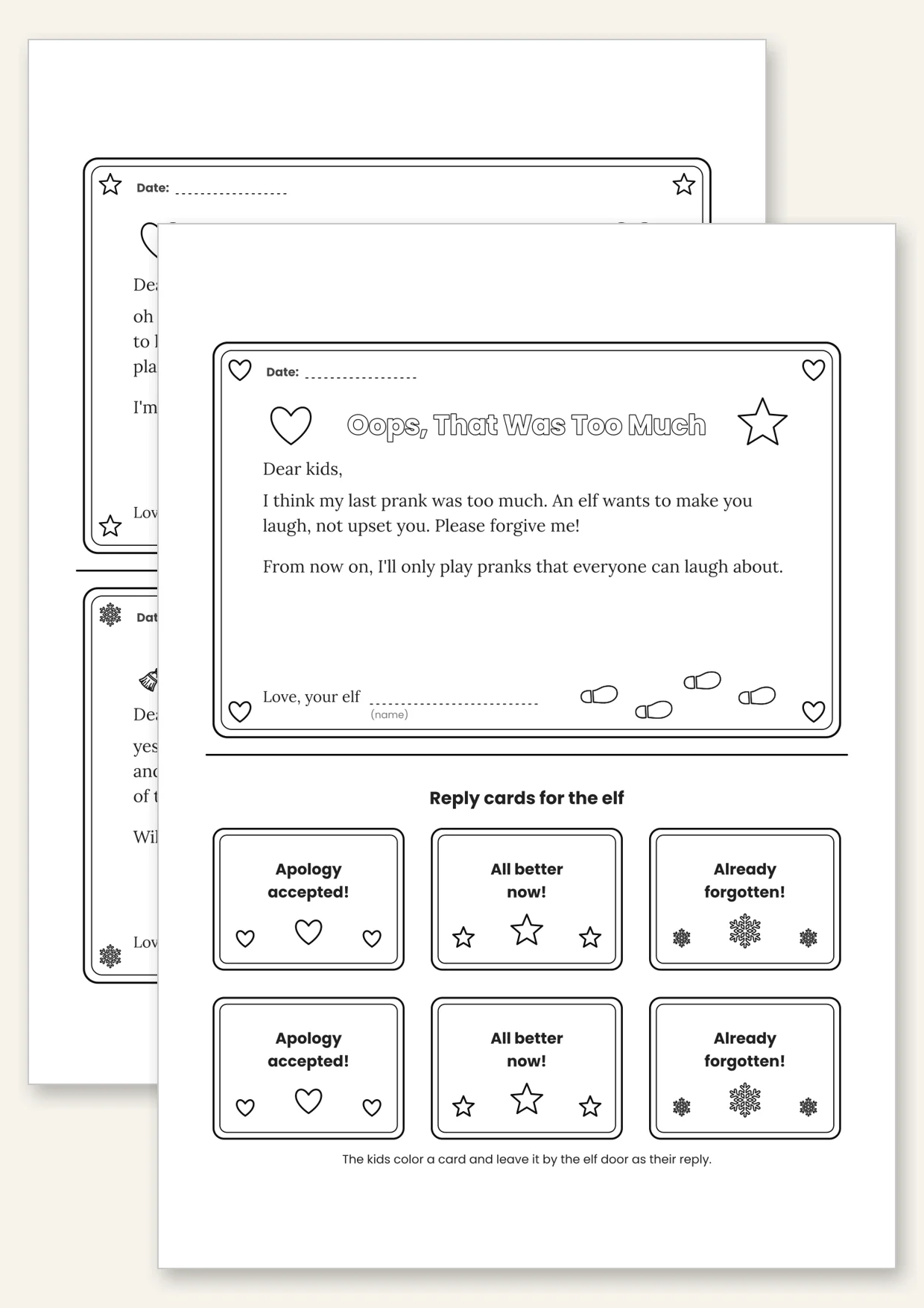 Two pages with three apology letters from the elf and reply cards to color