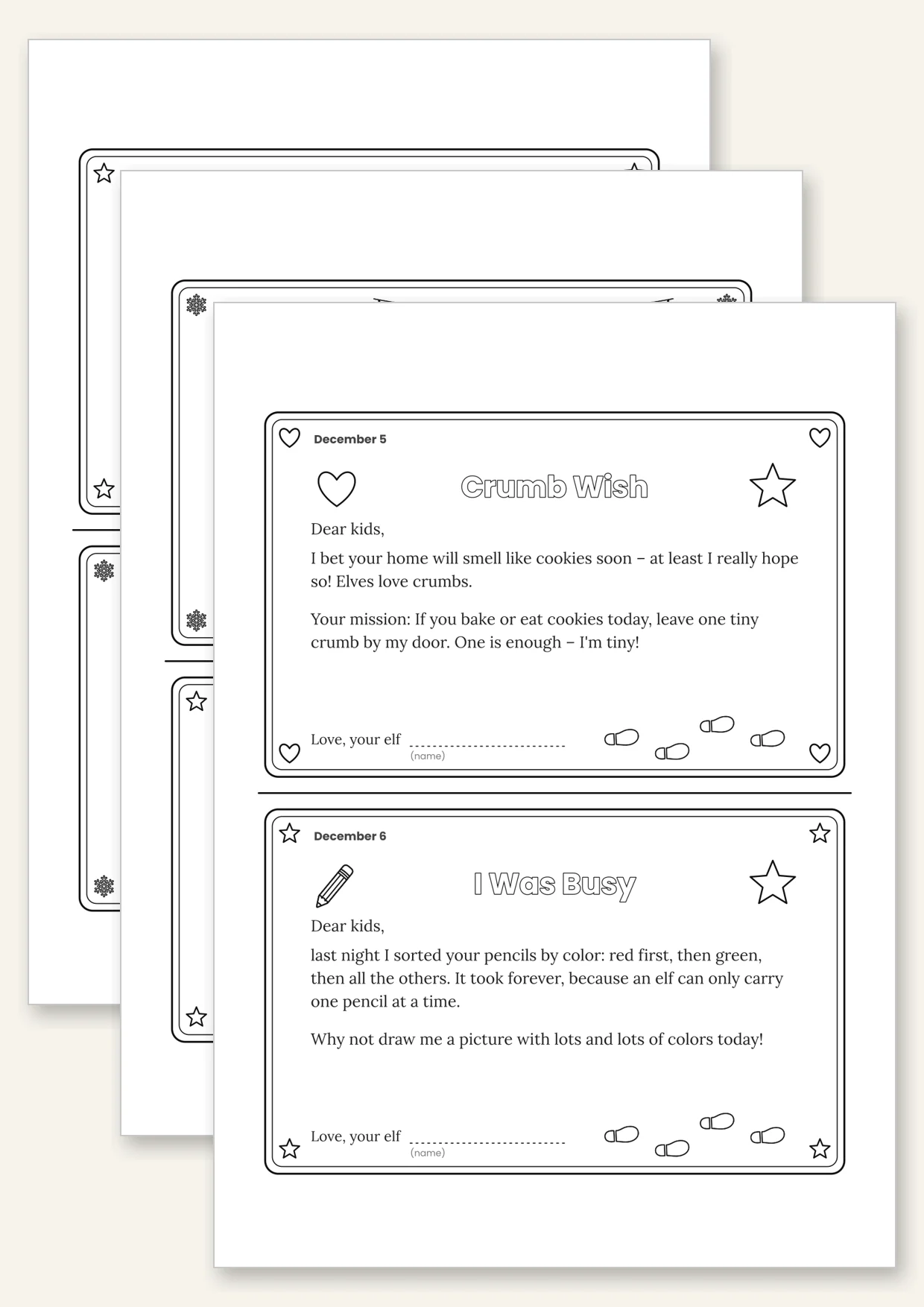 Six short elf daily letters for December 1 to 6, two per page to cut out