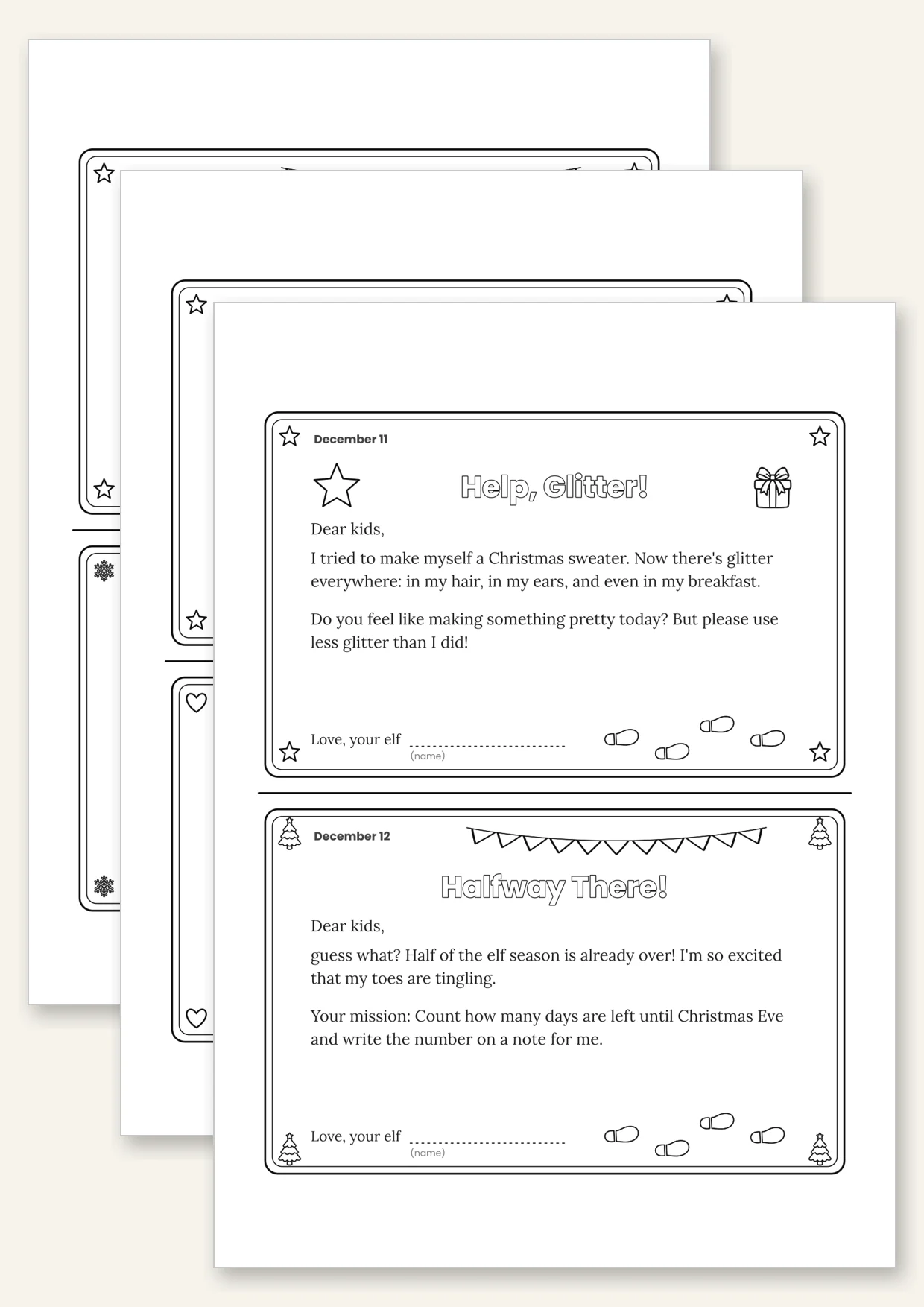 Six elf daily letters for December 7 to 12, two per page to cut out