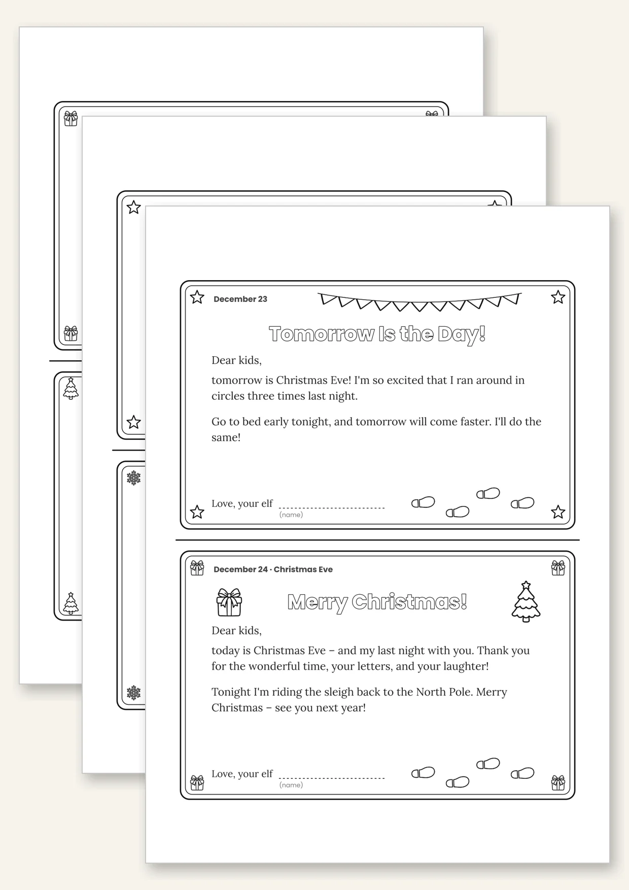 Six elf daily letters for December 19 to 24 including Christmas Eve, two per page