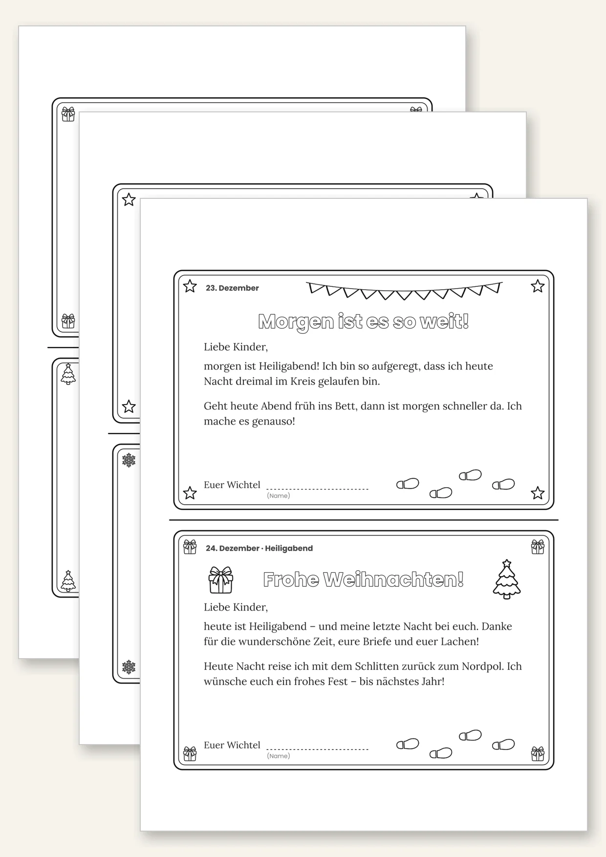 Sechs Wichtel-Tagesbriefe für den 19. bis 24. Dezember inklusive Heiligabend, zwei pro Seite