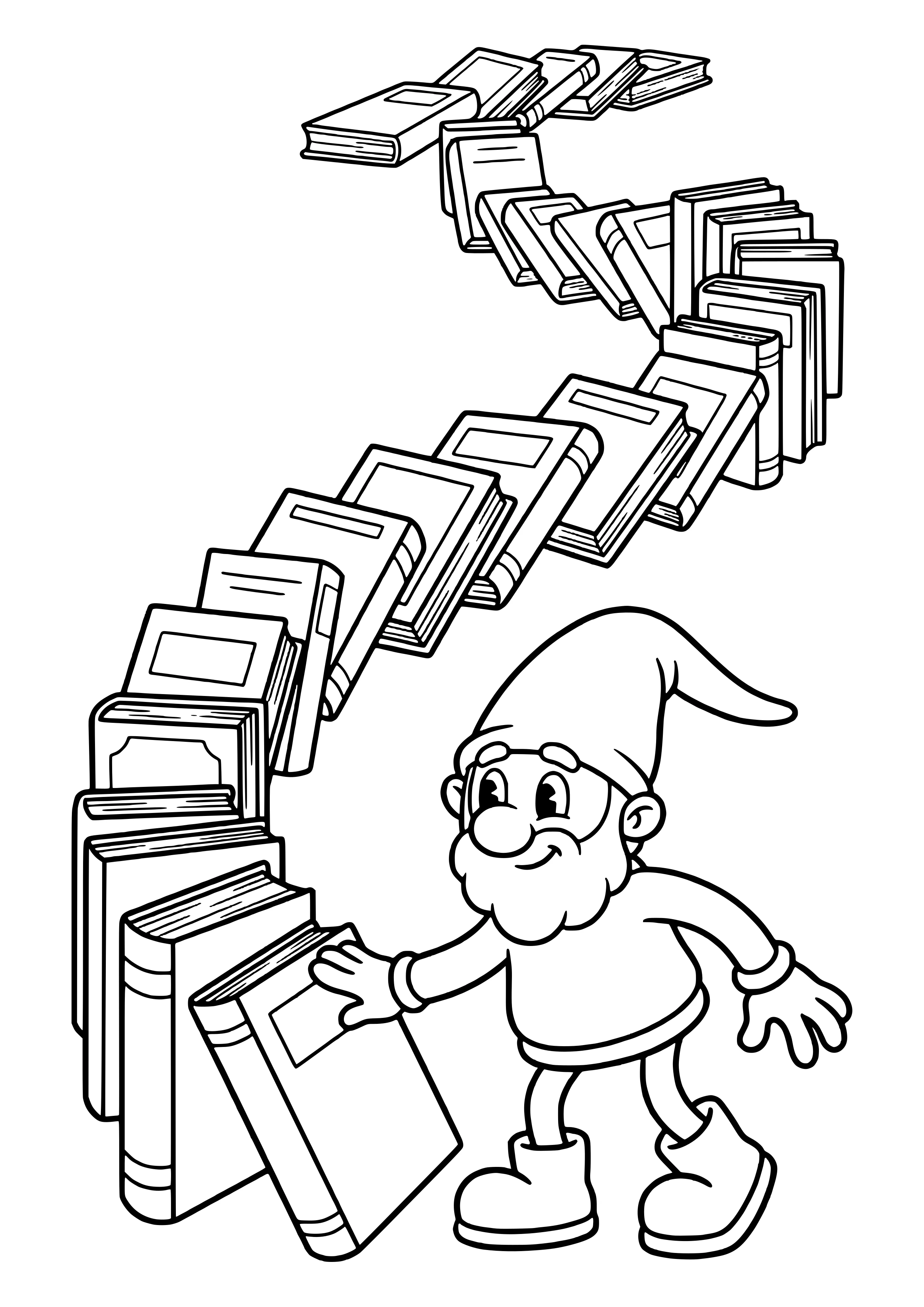 Elf prank idea book dominoes: the little elf lined up books like dominoes in a long row and tips the first one – coloring page