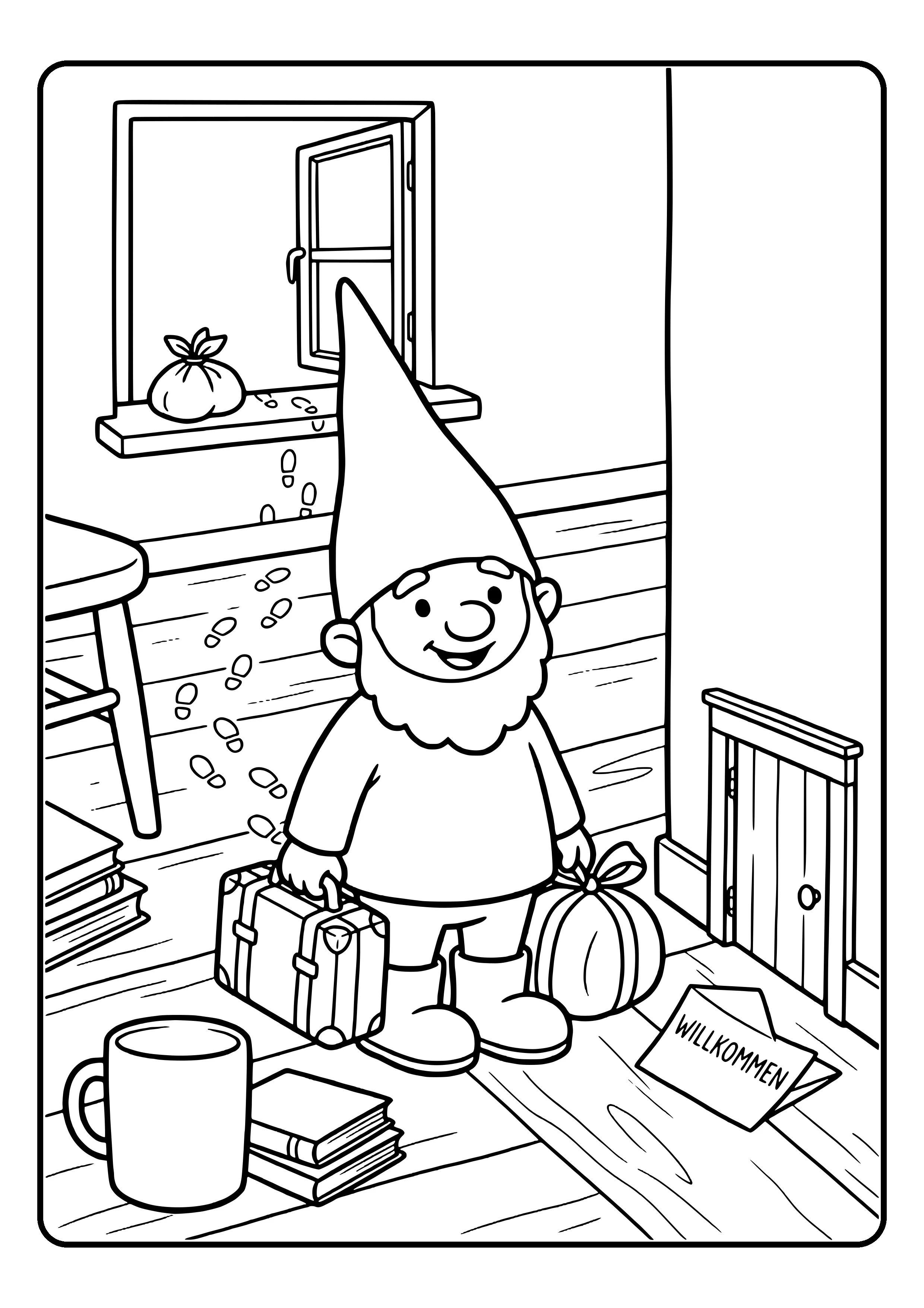 A little elf has arrived with a suitcase and bundle, tiny footprints lead from the windowsill to the elf door, and a welcome letter is waiting – coloring page.