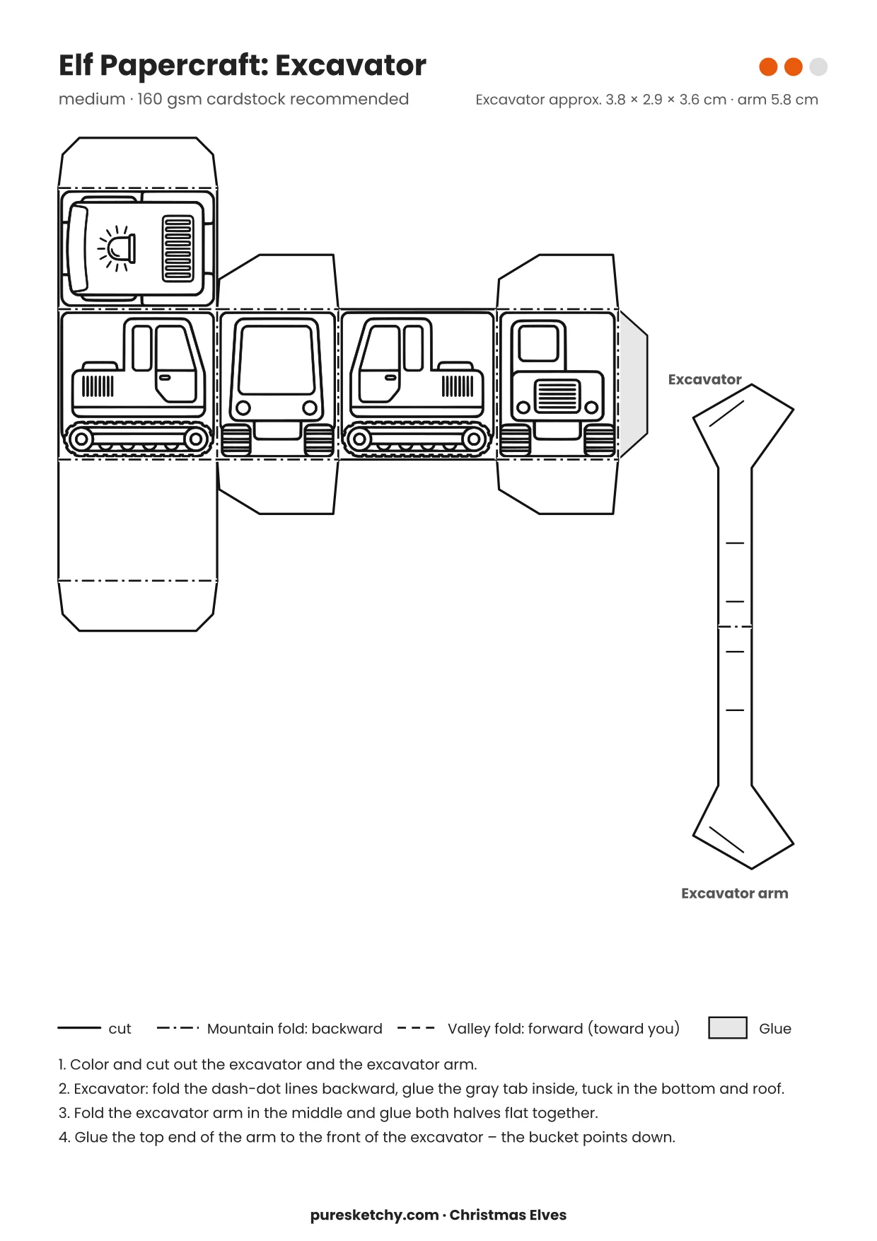 Excavator papercraft template with cut and fold lines to color for your elf