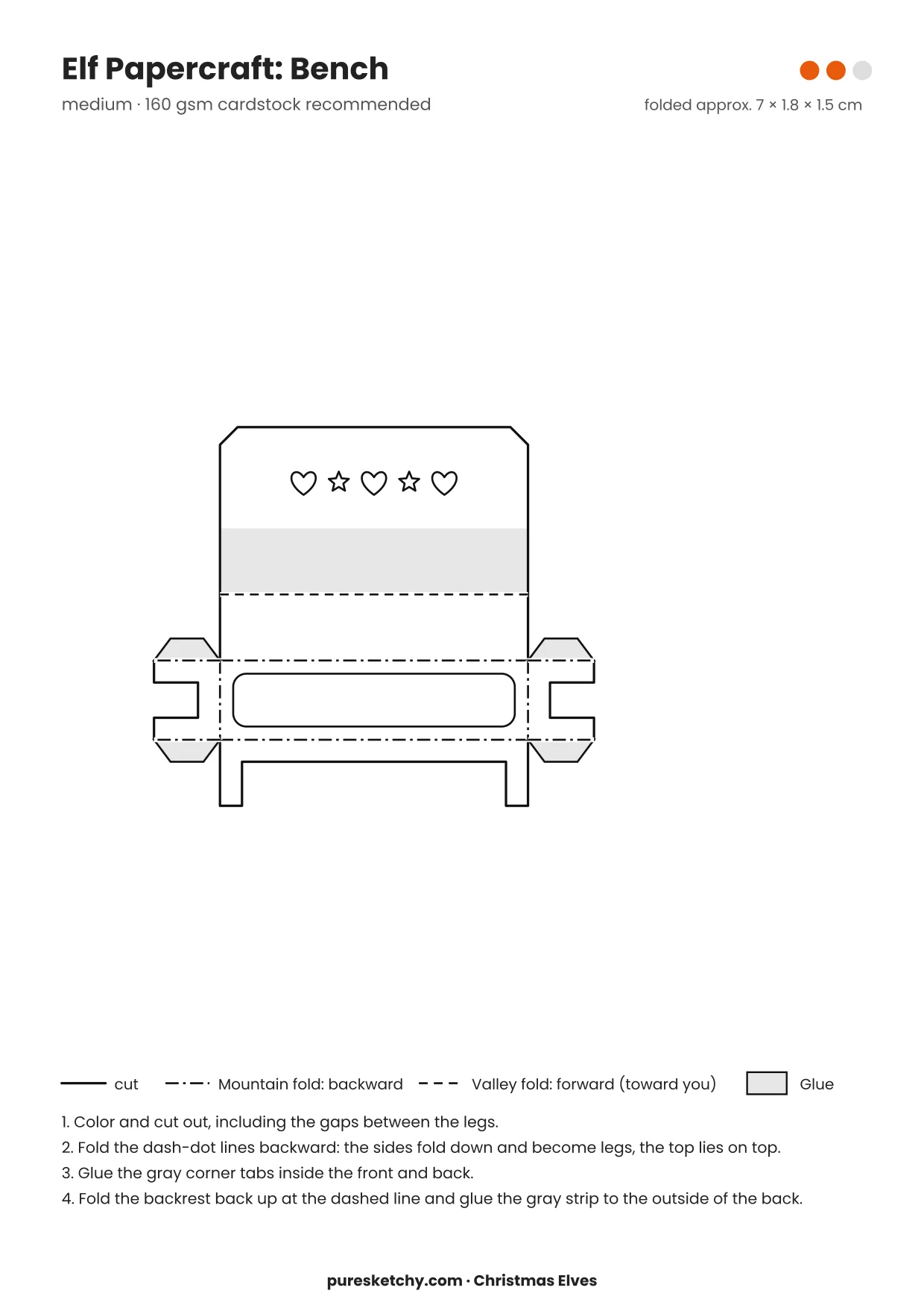 Bench papercraft template with cut and fold lines to color for your elf