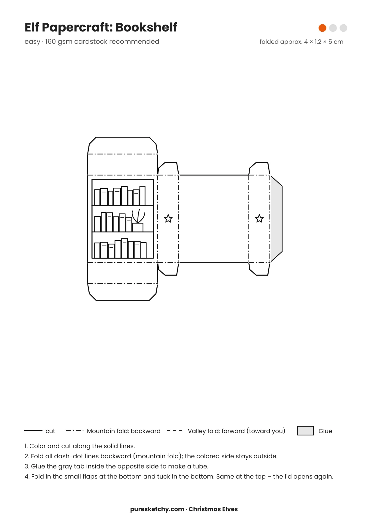 Bookshelf papercraft template with cut and fold lines to color for your elf