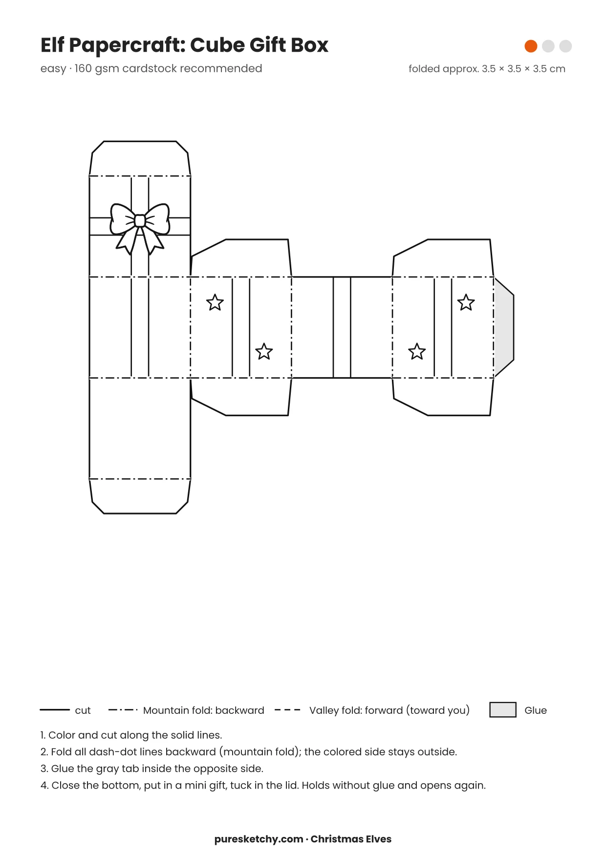 Cube Gift Box papercraft template with cut and fold lines to color for your elf