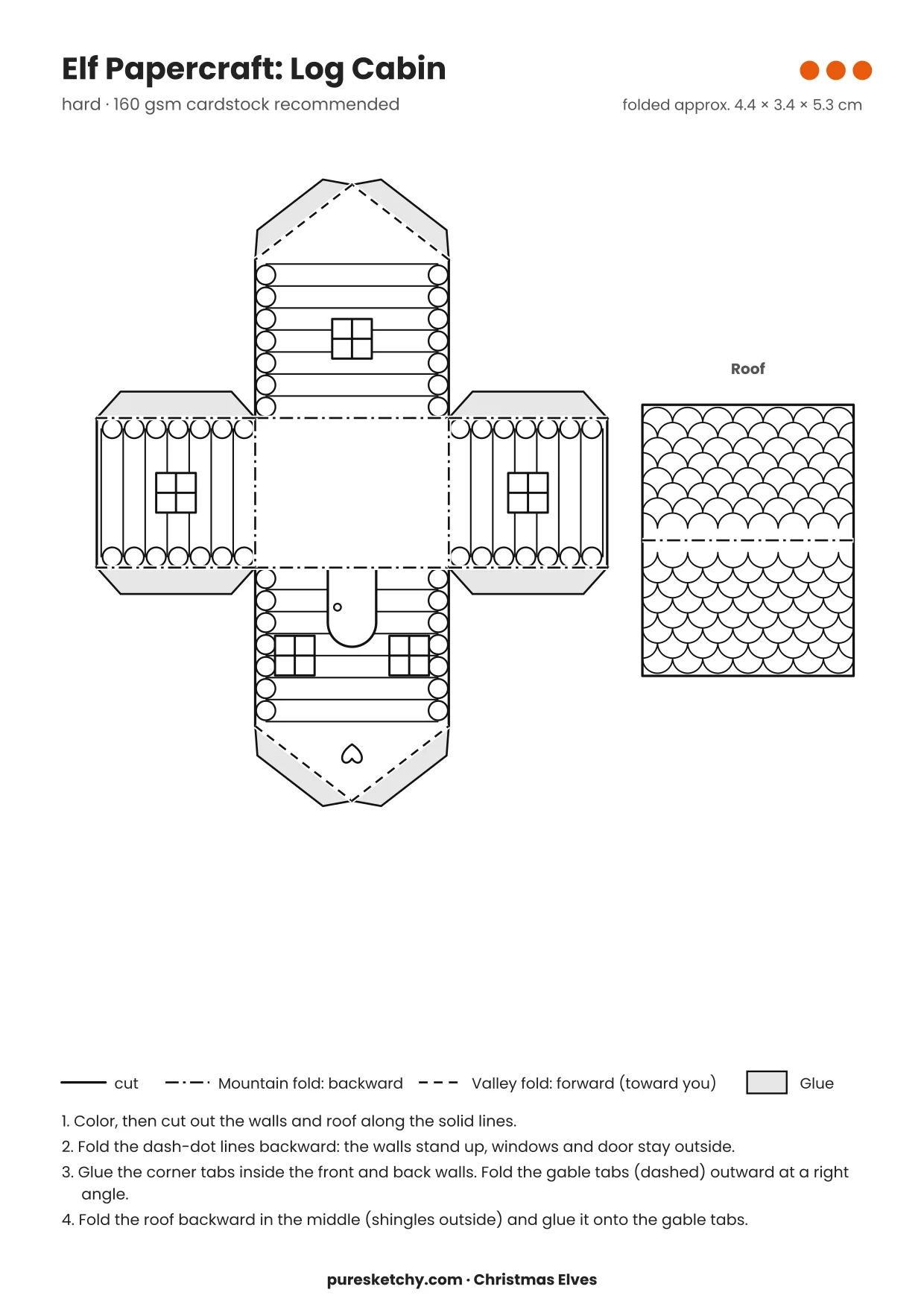 Log Cabin papercraft template with cut and fold lines to color for your elf