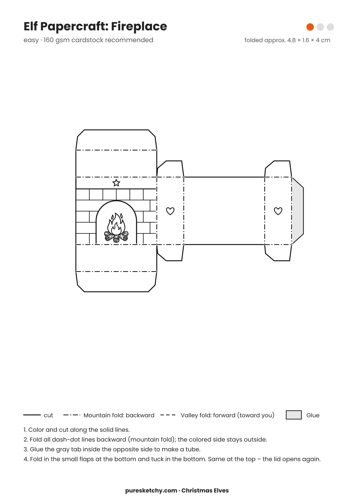 Fireplace papercraft template with cut and fold lines to color for your elf