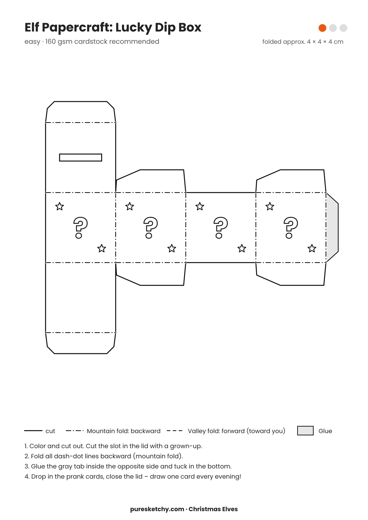 Lucky Dip Box papercraft template with cut and fold lines to color for your elf