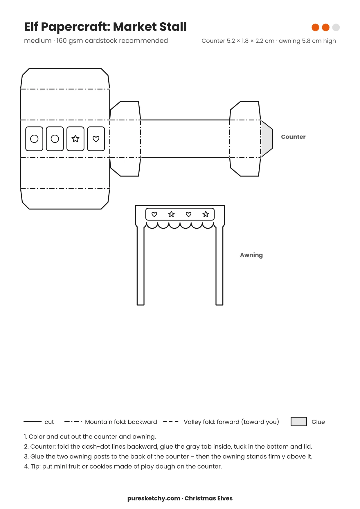 Market Stall papercraft template with cut and fold lines to color for your elf