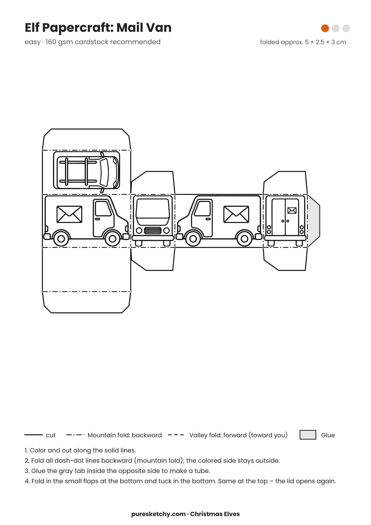 Mail Van papercraft template with cut and fold lines to color for your elf