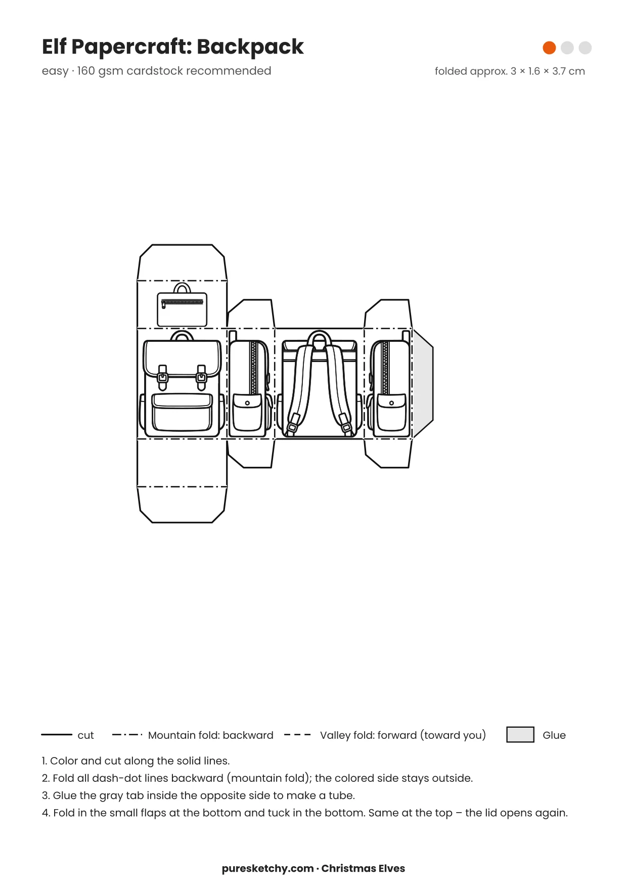 Backpack papercraft template with cut and fold lines to color for your elf