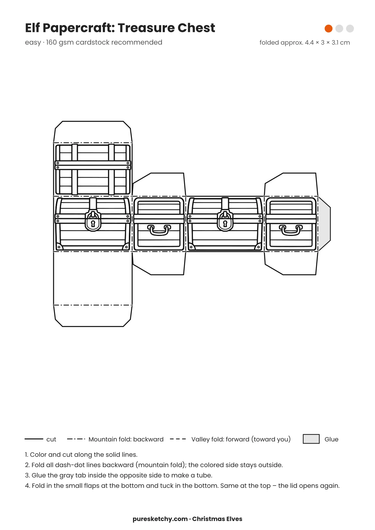 Treasure Chest papercraft template with cut and fold lines to color for your elf