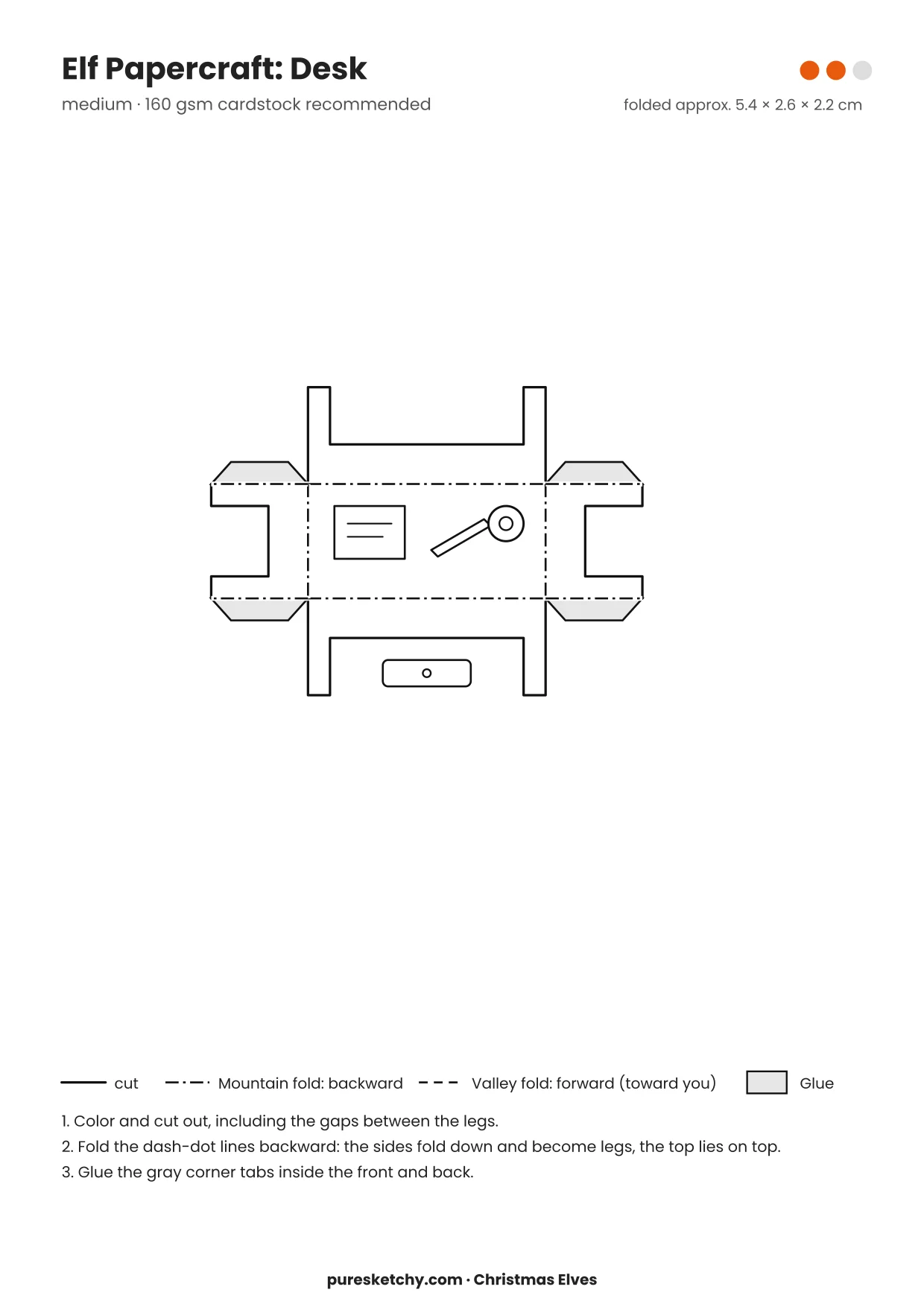 Desk papercraft template with cut and fold lines to color for your elf