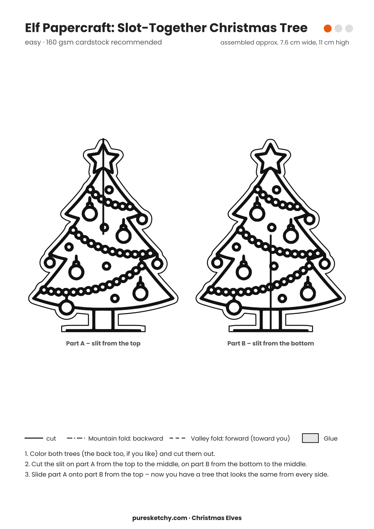 Christmas Tree papercraft template with cut and fold lines to color for your elf
