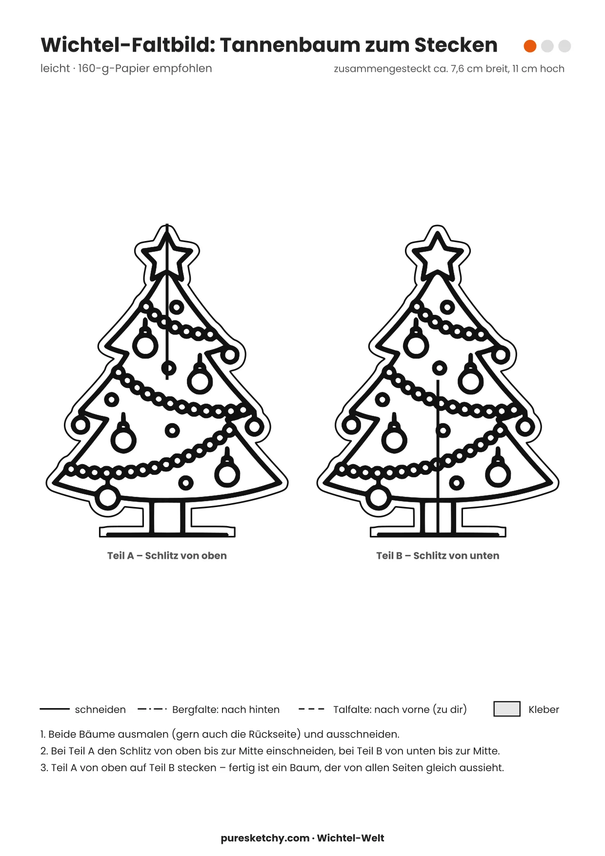 Faltbild Tannenbaum: Bastelvorlage mit Schnitt- und Falzlinien zum Ausmalen für den Wichtel