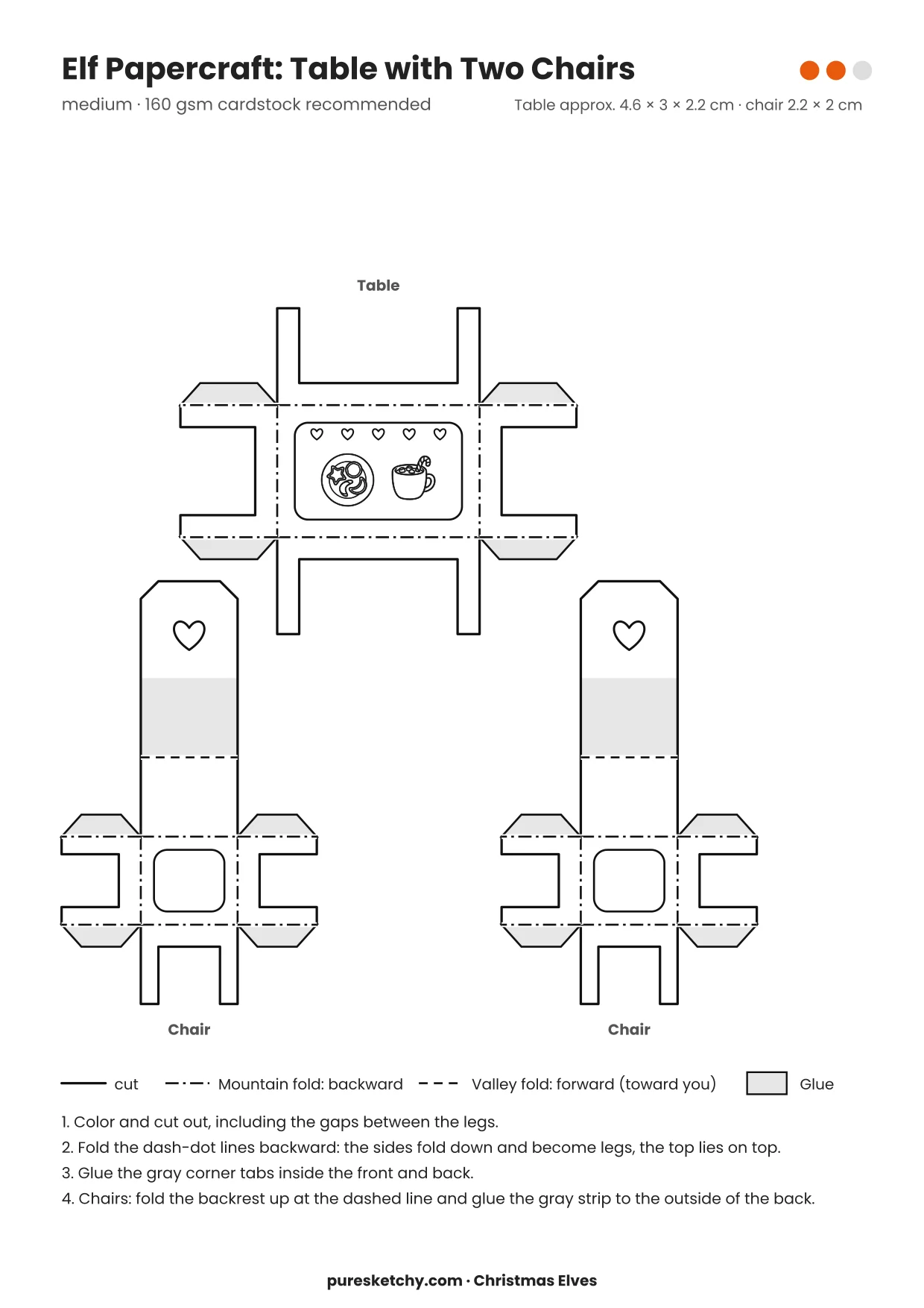 Table and Chairs papercraft template with cut and fold lines to color for your elf