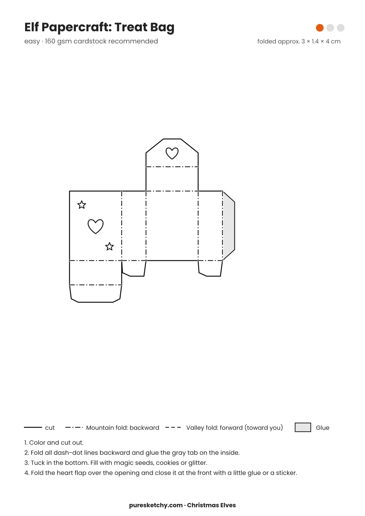 Treat Bag papercraft template with cut and fold lines to color for your elf