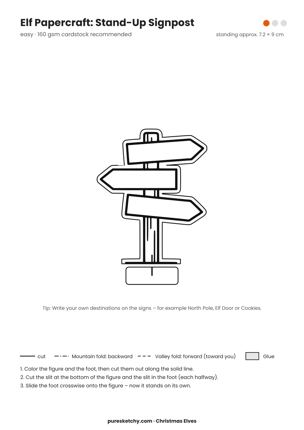 Signpost papercraft template with cut and fold lines to color for your elf