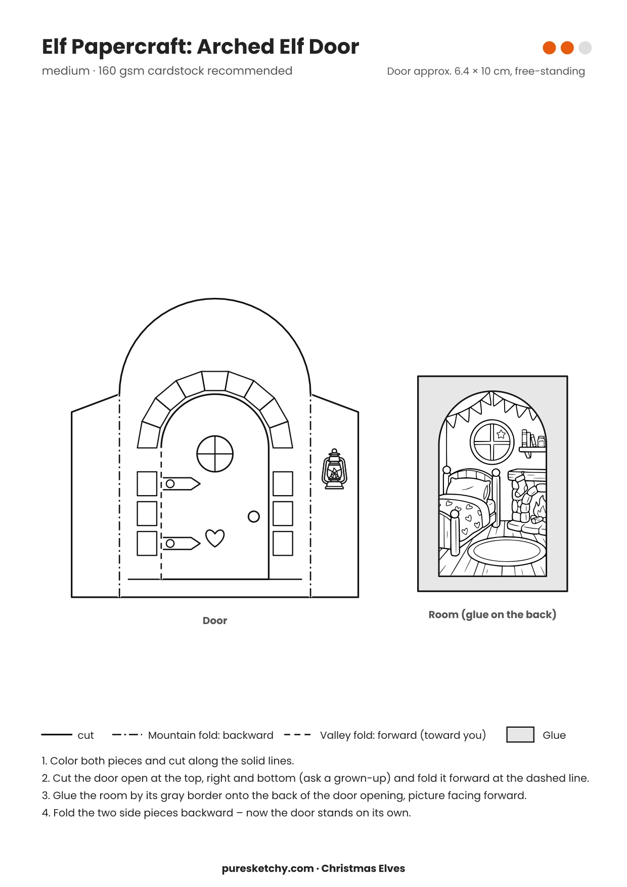 Arched Elf Door papercraft template with cut and fold lines to color for your elf