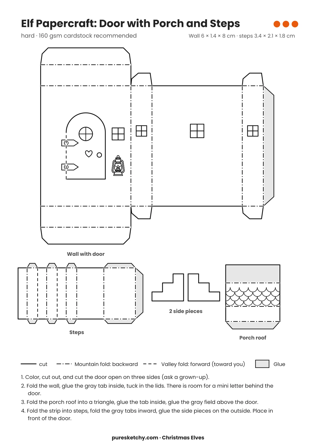 Elf Door with Porch and Steps papercraft template with cut and fold lines to color for your elf