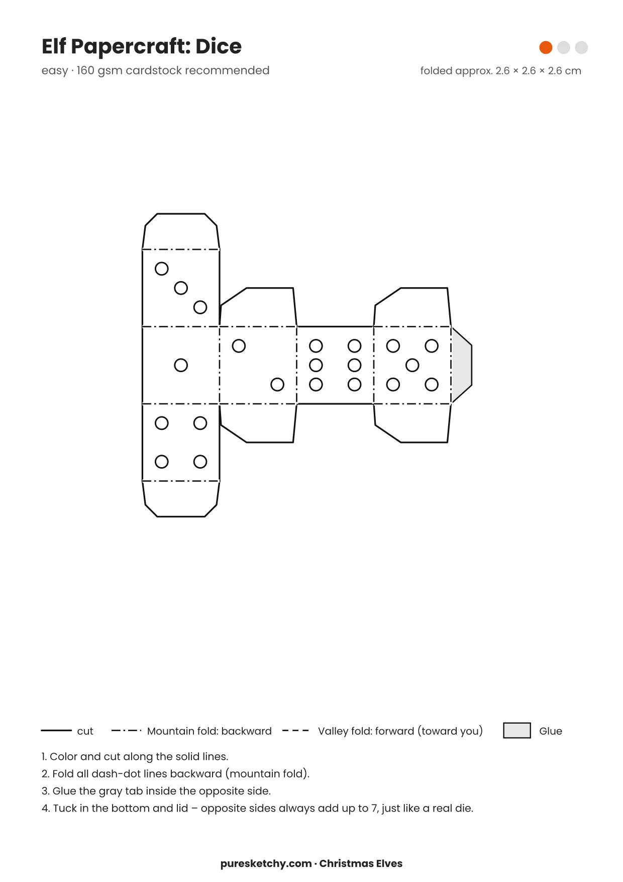 Dice papercraft template with cut and fold lines to color for your elf