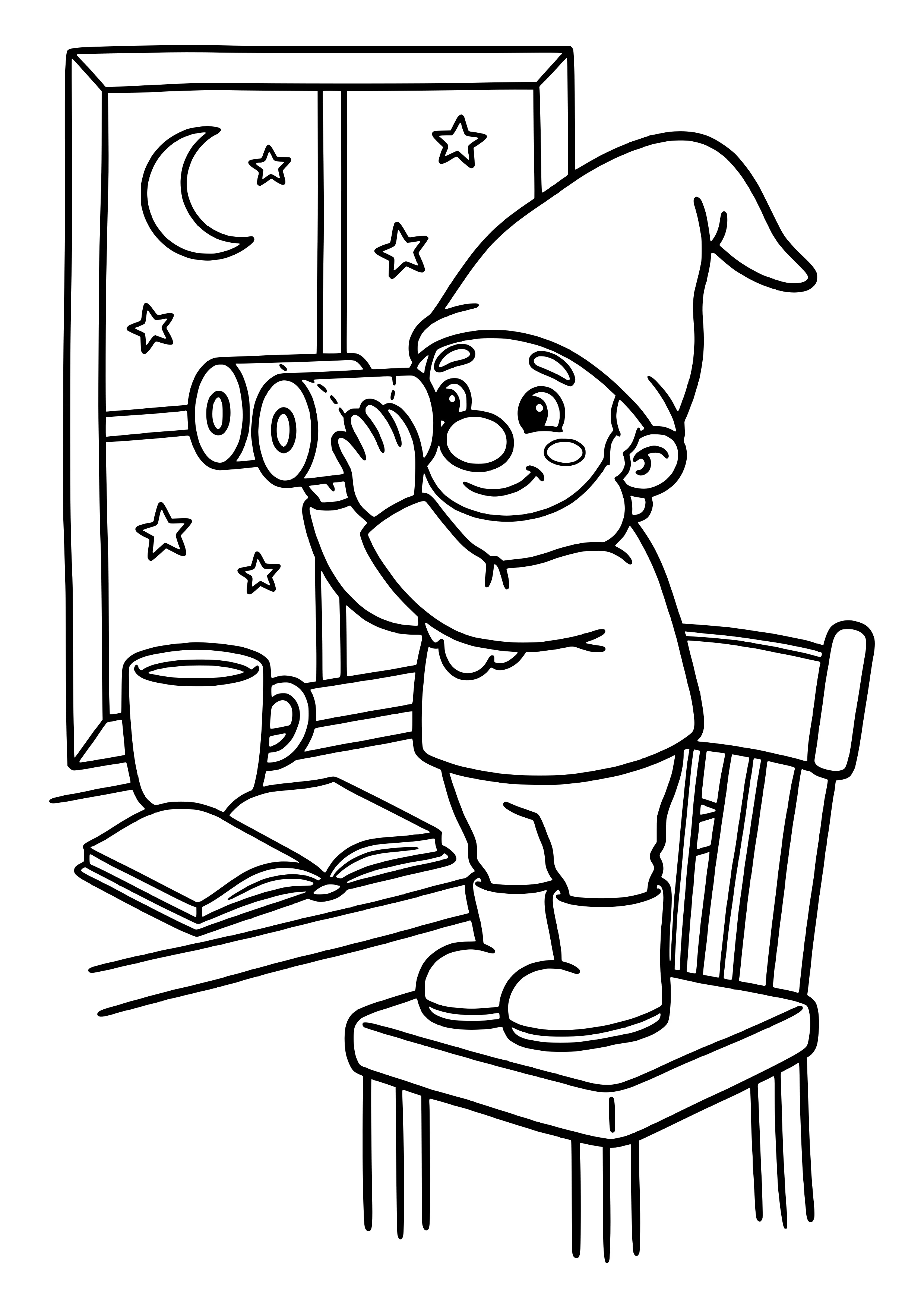 A little elf stands at the window and looks at the starry sky through a telescope made from two cardboard tubes – coloring page for the Looking for Reindeer elf idea.