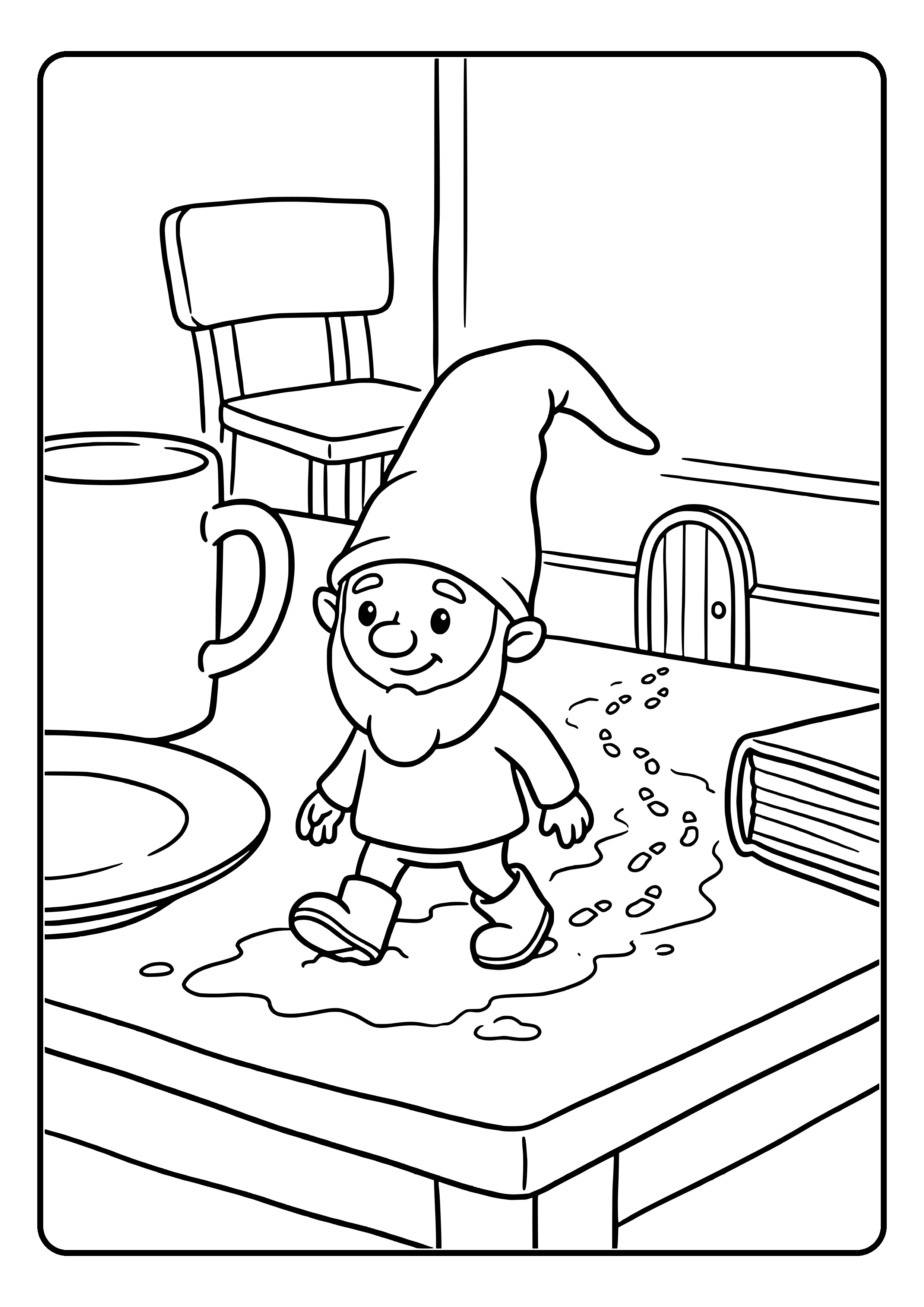 Elf prank idea floury footprints: the little elf walks through a small trail of flour, with tiny footprints leading across the table to the elf door – coloring page