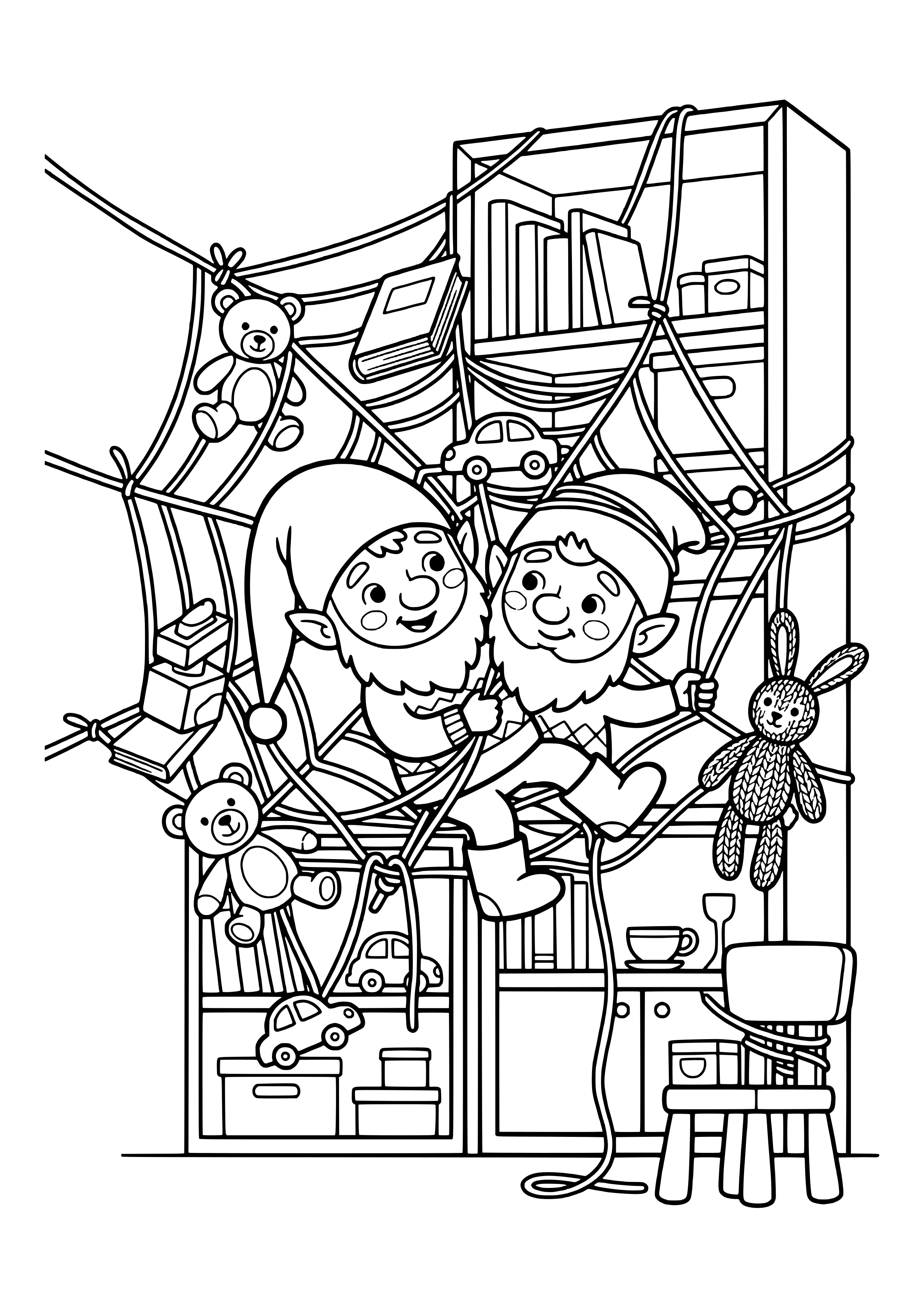 Elf prank idea caught in a yarn web: the little elf tied stuffed animals and toys to the shelf with yarn like a giant spider web – coloring page
