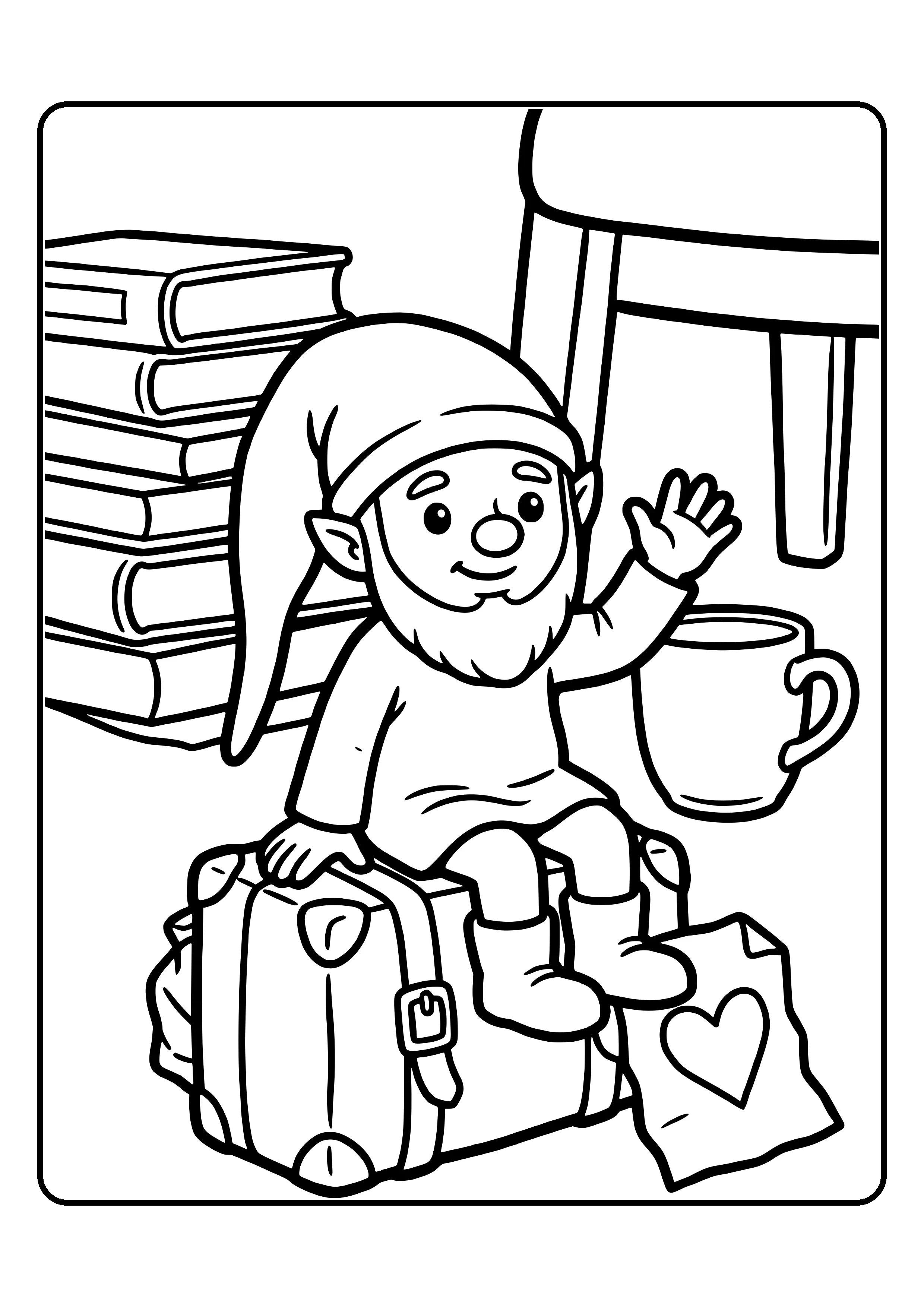 A little elf sits on a packed mini suitcase and waves, with a heart note beside him – coloring page for the Last Night, Packing Up elf idea.