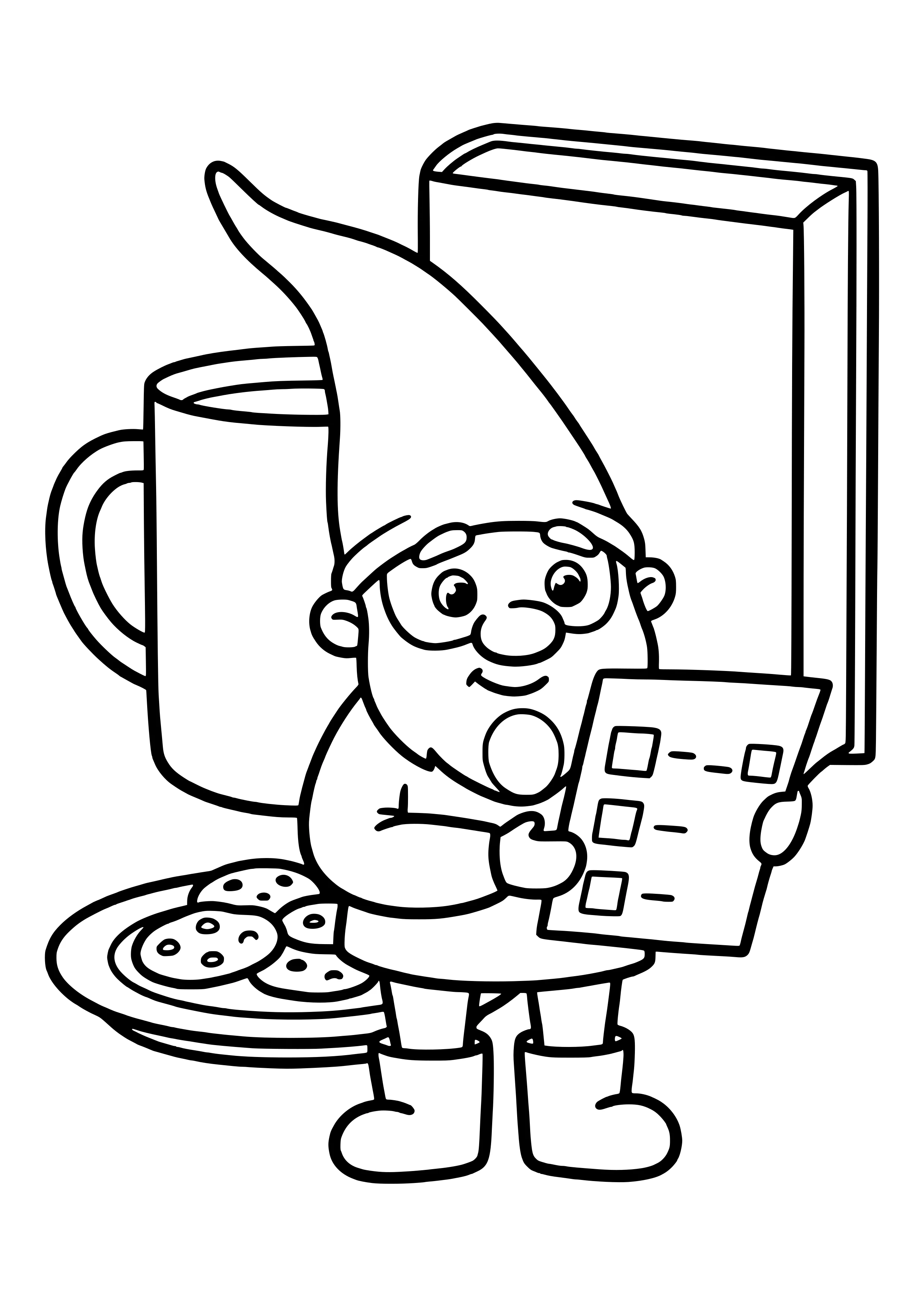 Der Wichtel hält ein Blatt mit Plätzchen-Rechenaufgaben, daneben ein Teller mit Plätzchen – Ausmalbild zum Wichtelstreich Mathe-Rätsel vom Wichtel.