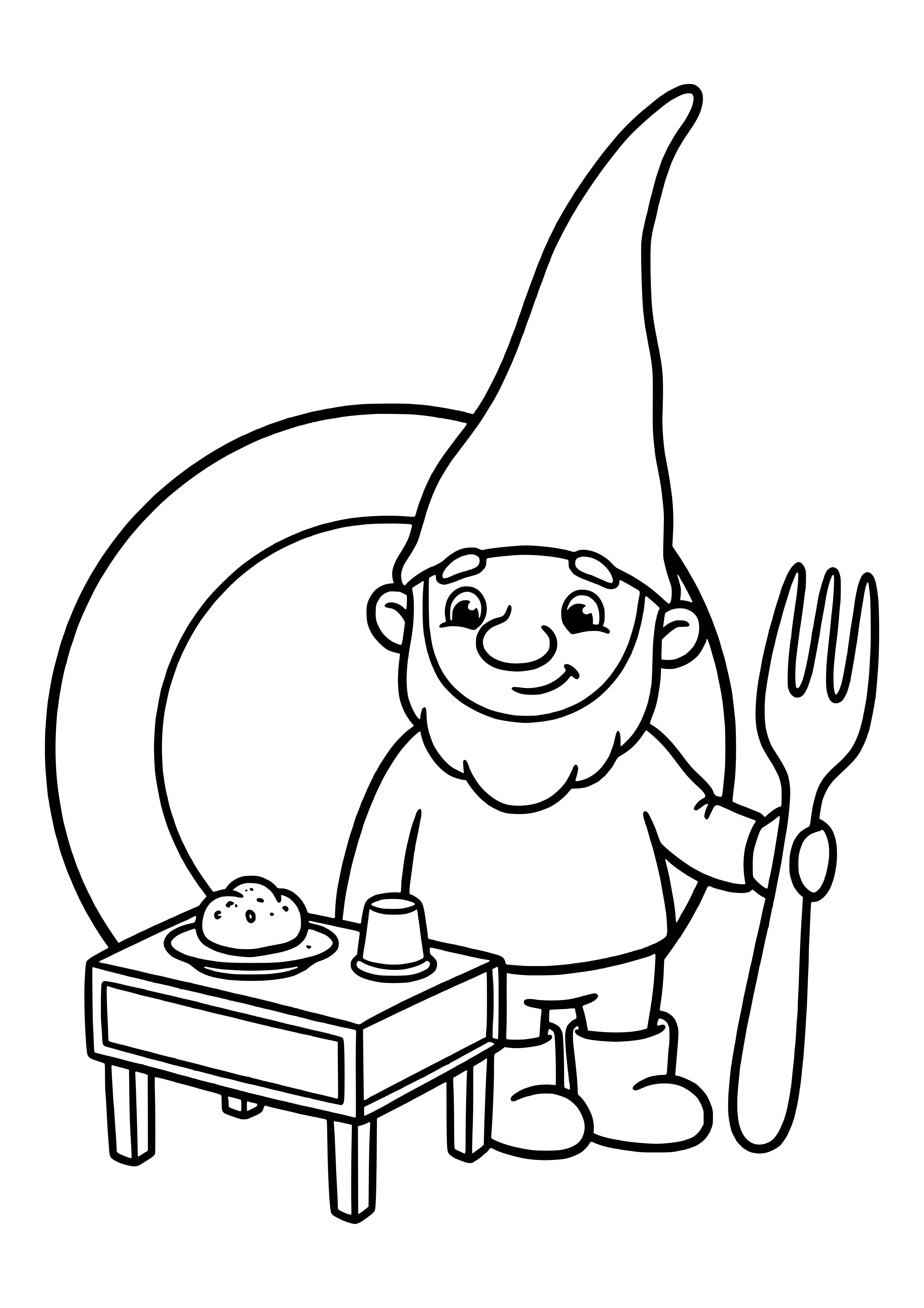 Elf prank idea tiny breakfast table: the little elf sits at a matchbox table with a crumb roll and a thimble cup next to a huge plate – coloring page