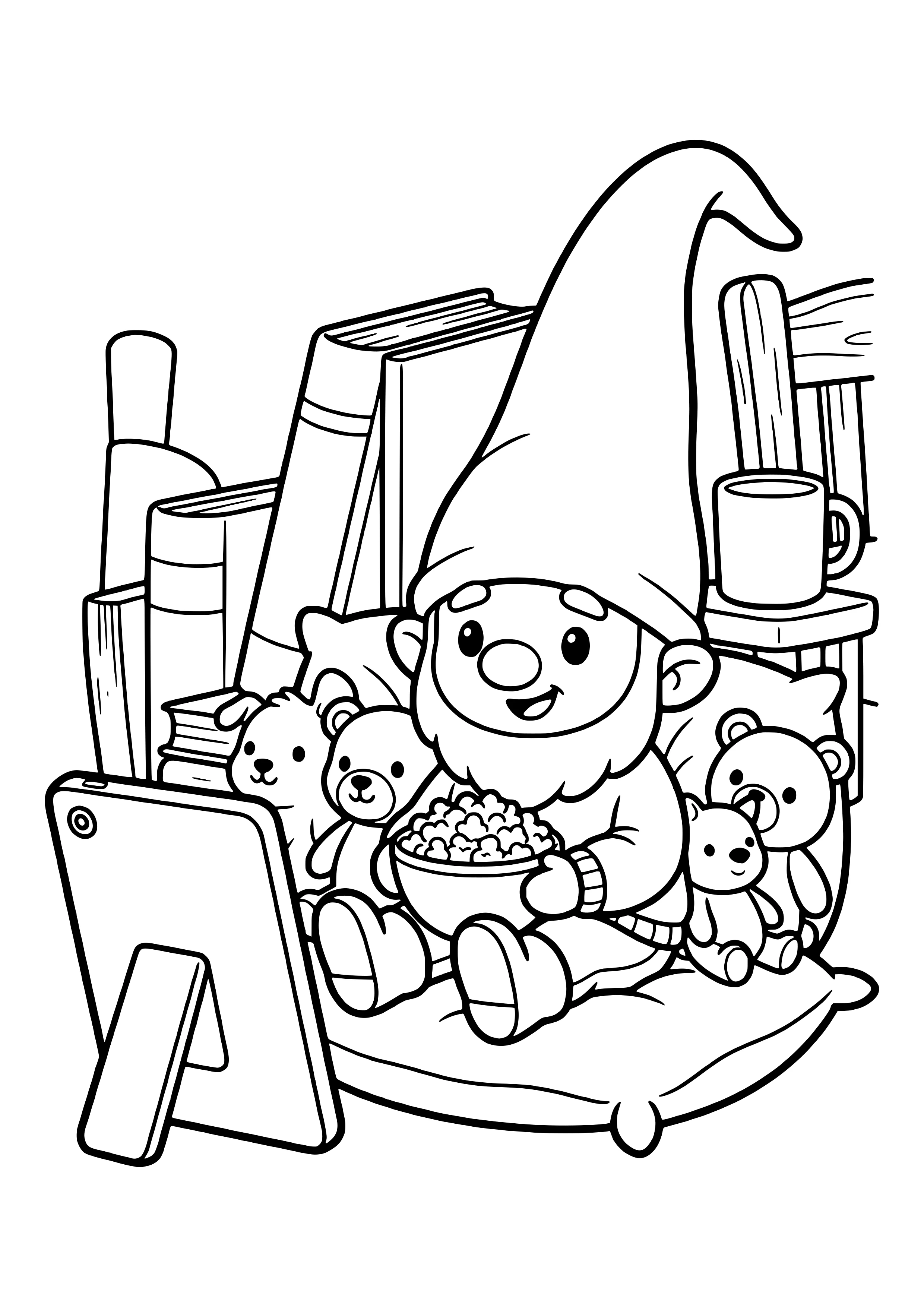 Elf prank idea tiny movie night: the little elf sits with popcorn in front of a phone or tablet on a pillow like at the movies, with stuffed animals as the audience – coloring page