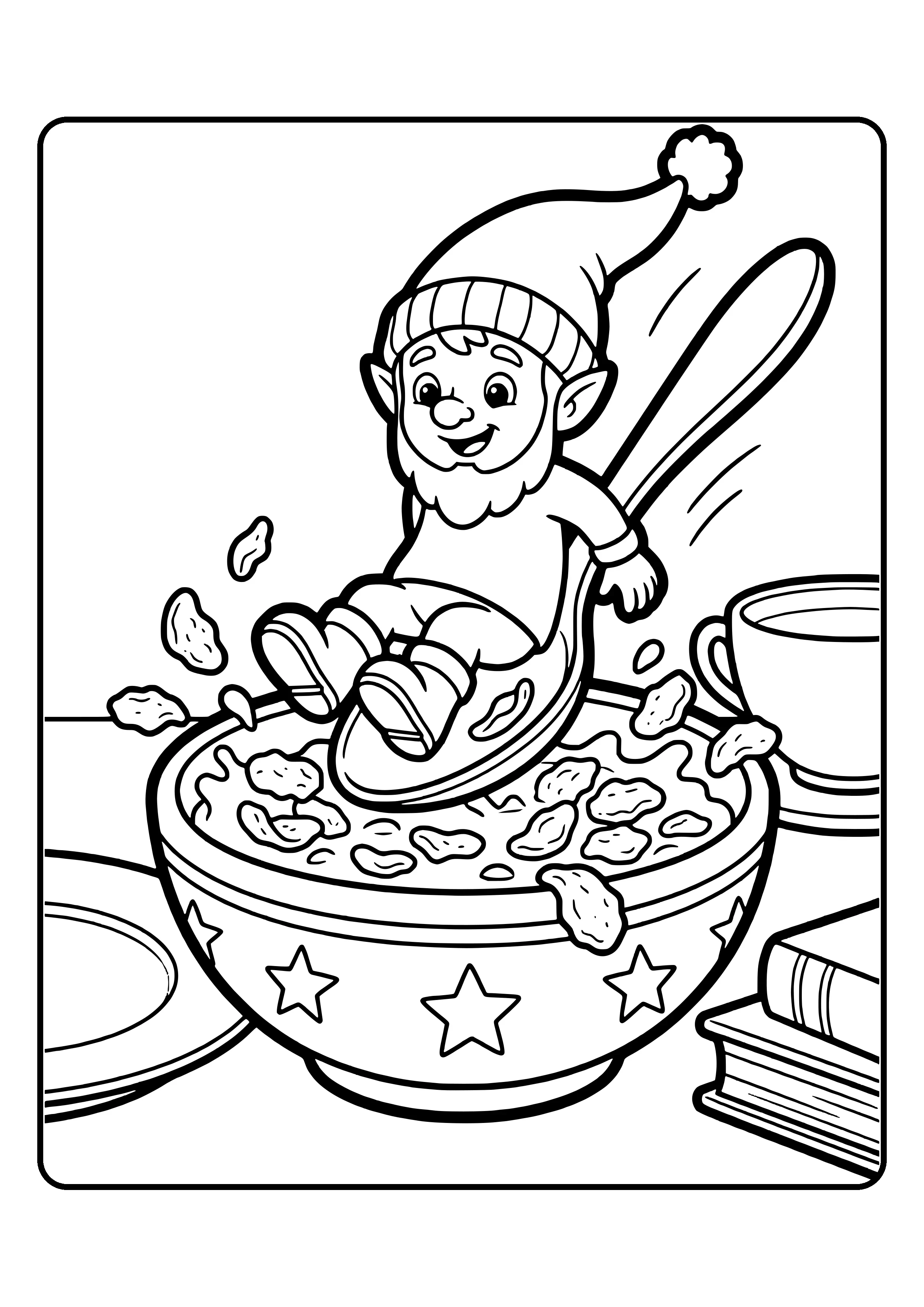 Elf prank idea cereal slide: the little elf slides down a spoon like a slide into a big cereal bowl while cornflakes fly around – coloring page