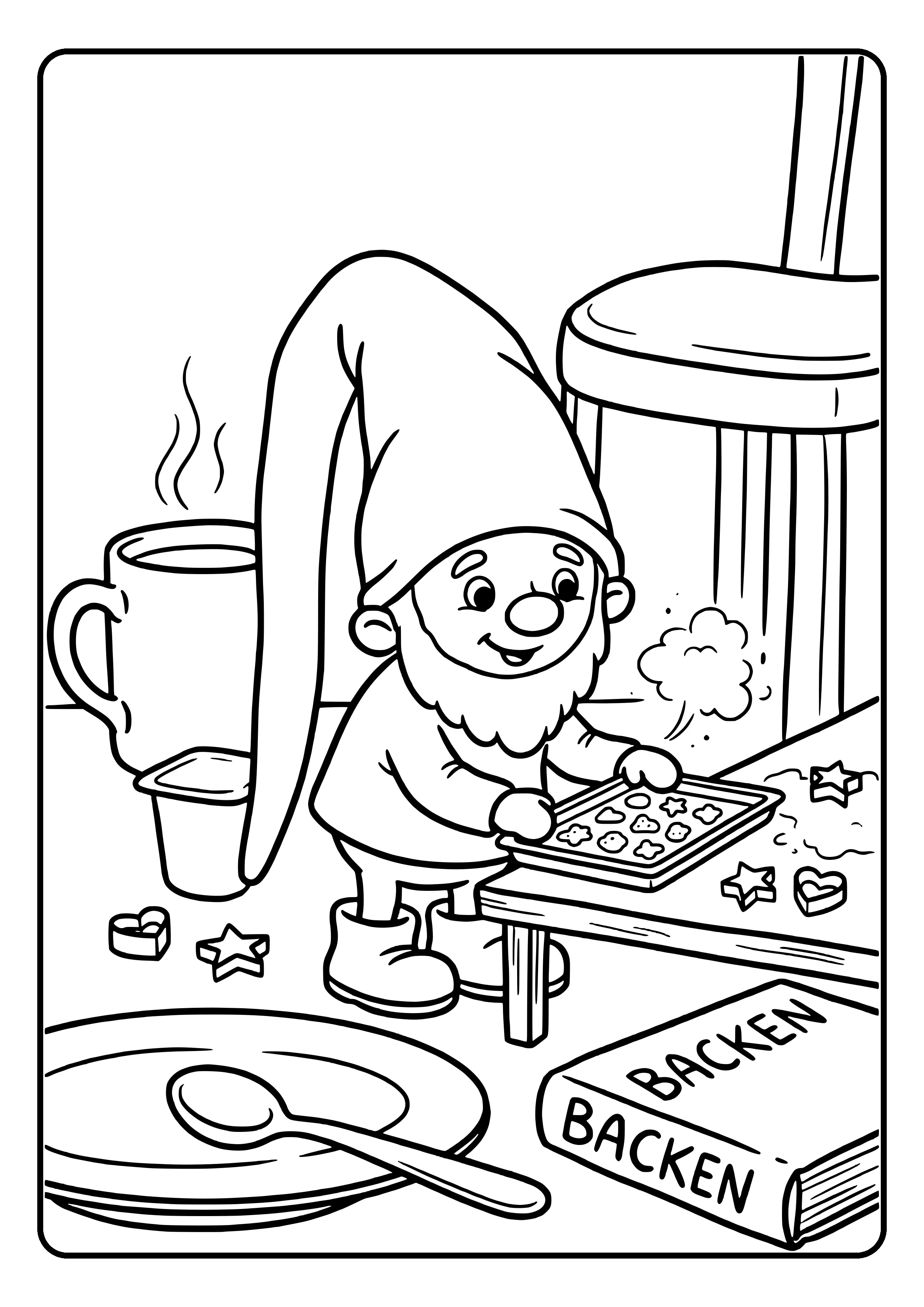 A little elf bakes tiny cookies on a mini baking sheet with flour puffs and cookie cutters around – coloring page for the Midnight Bakery elf idea.